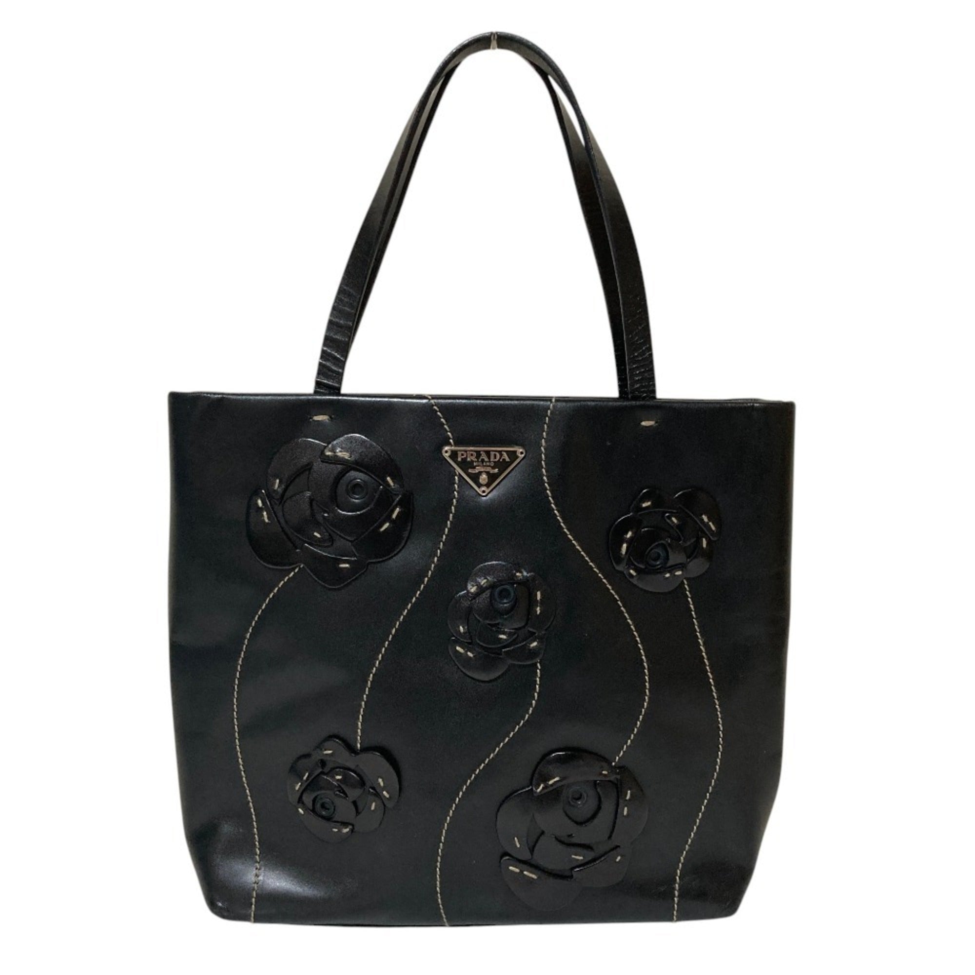 PRADA Triangle Logo Plate Flower Motif Leather Handbag B11285 Black Women's — Like New