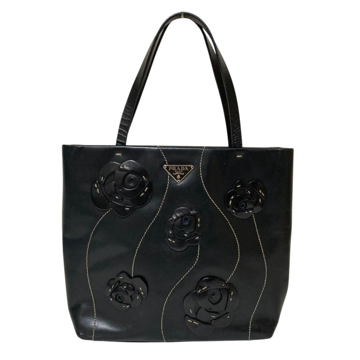 PRADA Triangle Logo Plate Flower Motif Leather Handbag B11285 Black Women's — Like New