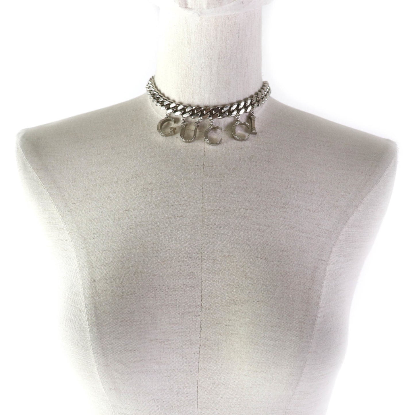 GUCCI 675769 Interlocking Necklace, Current Model, Script Logo, Curb Chain, Choker, Silver, Women's