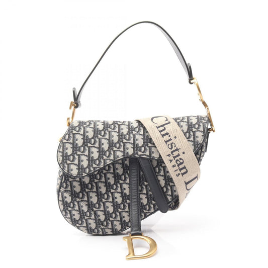 Christian Dior Dior Saddlebag, Oblique Jacquard Handbag, Canvas and Leather, Women's, Beige, Black, Navy