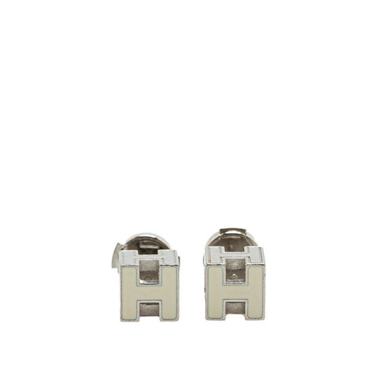Hermes Cage de H Cube Earrings Silver White Metal Women's HERMES