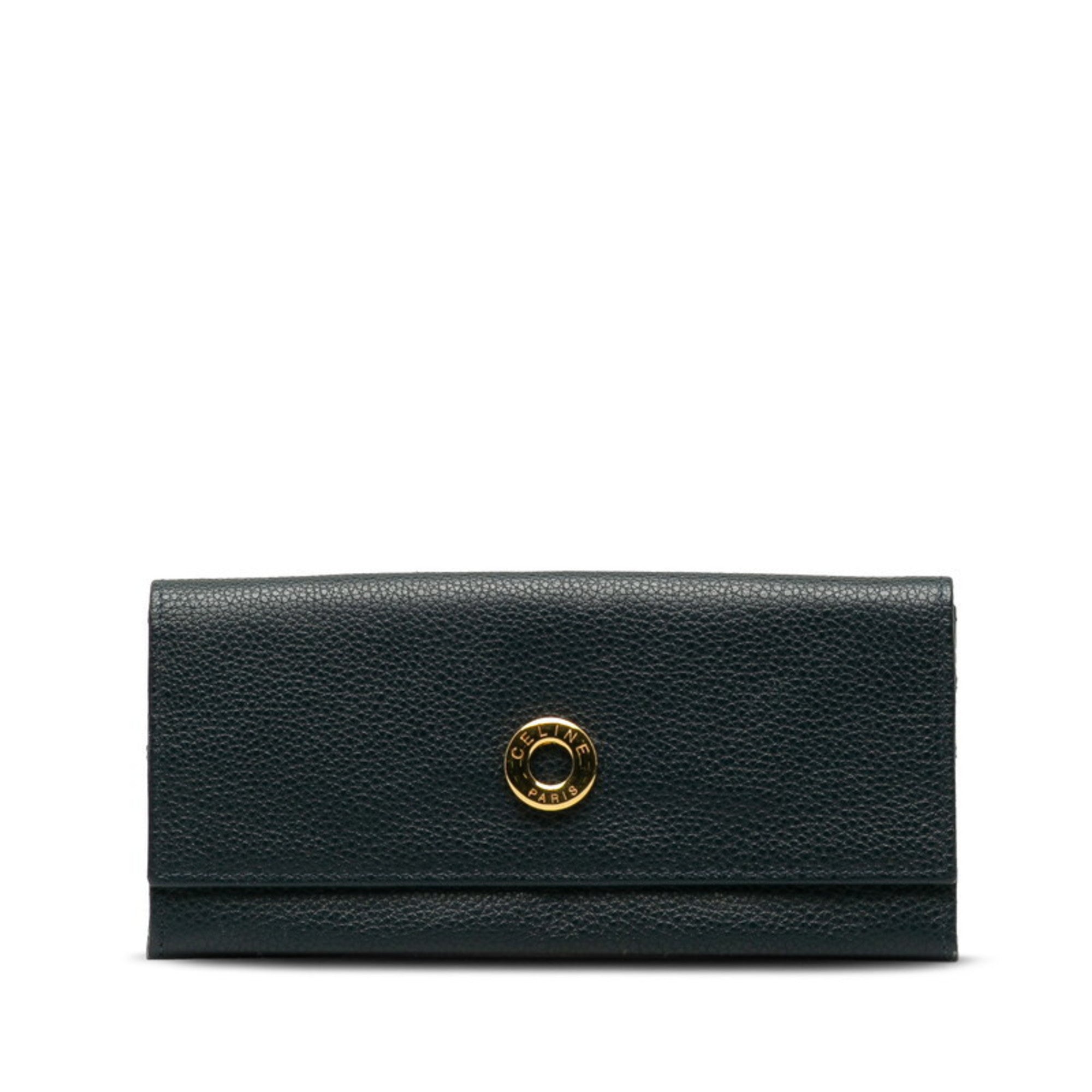CELINE Circle Long Wallet Black Leather Women's