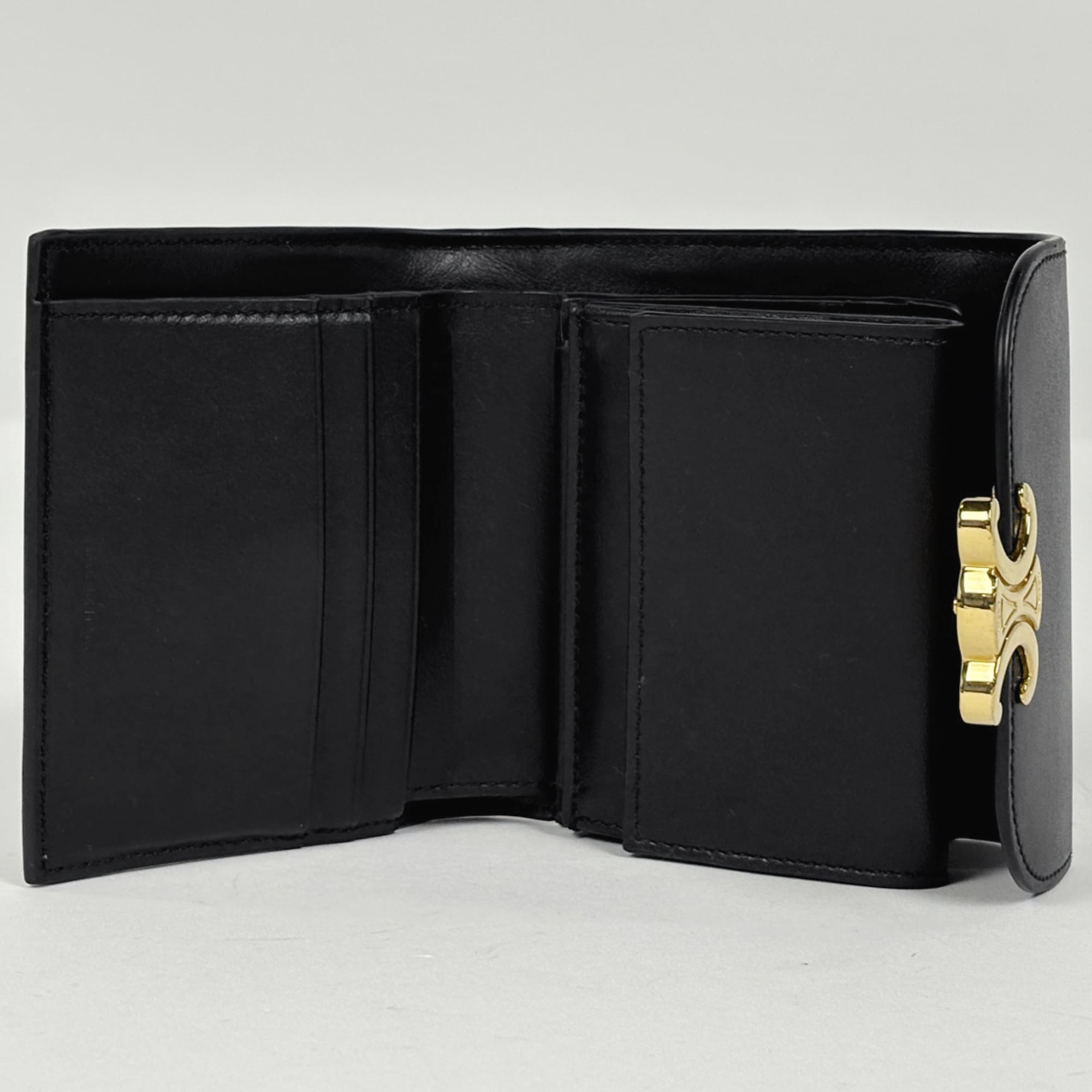Celine Triomphe Small Flap Wallet, Tri-fold Leather, Black, Women's