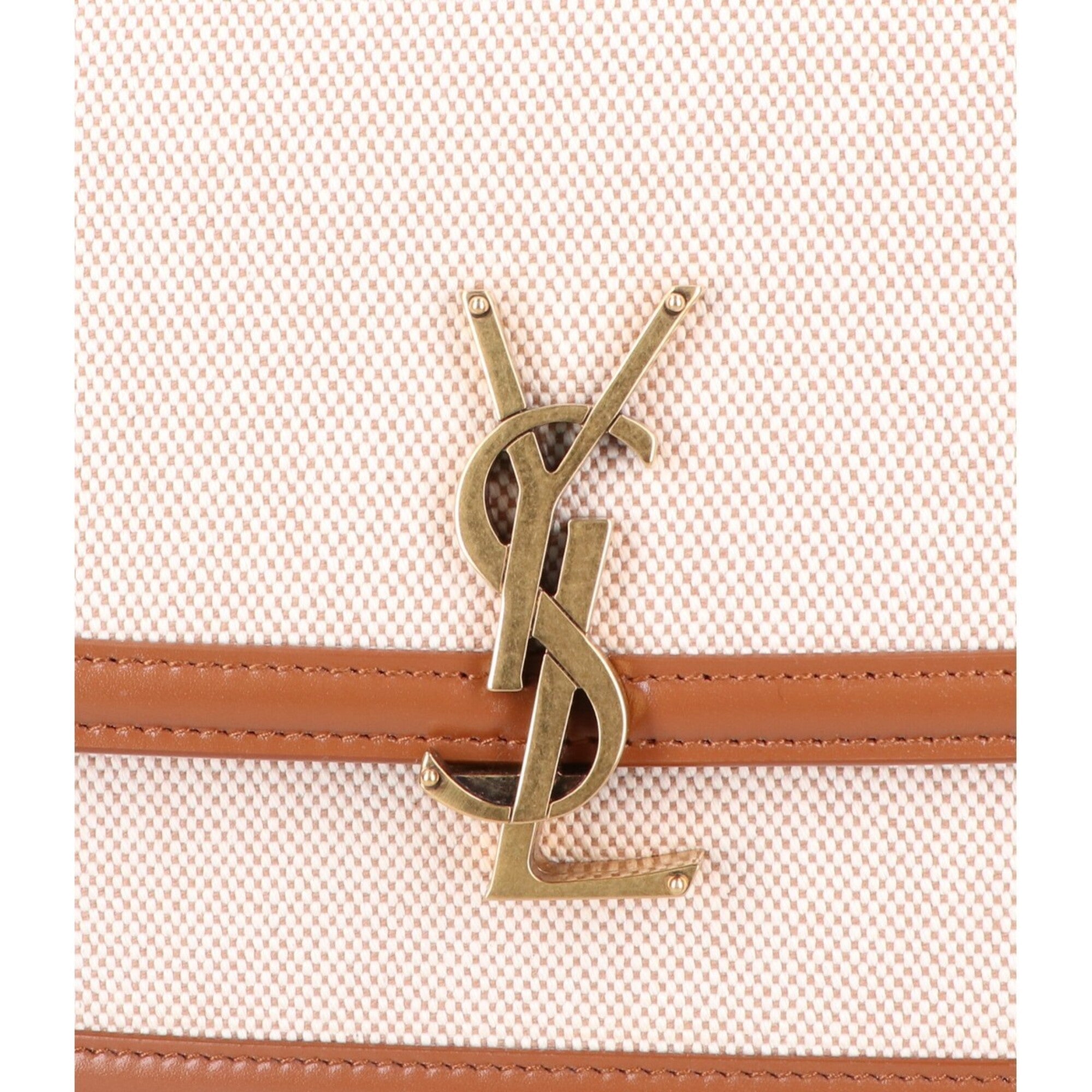 Yves Saint Laurent SAINT LAURENT PARIS 634305 Canvas x Leather Solferino Medium Flap Shoulder Bag, Natural Brown, Gold Hardware, Women's — Like New