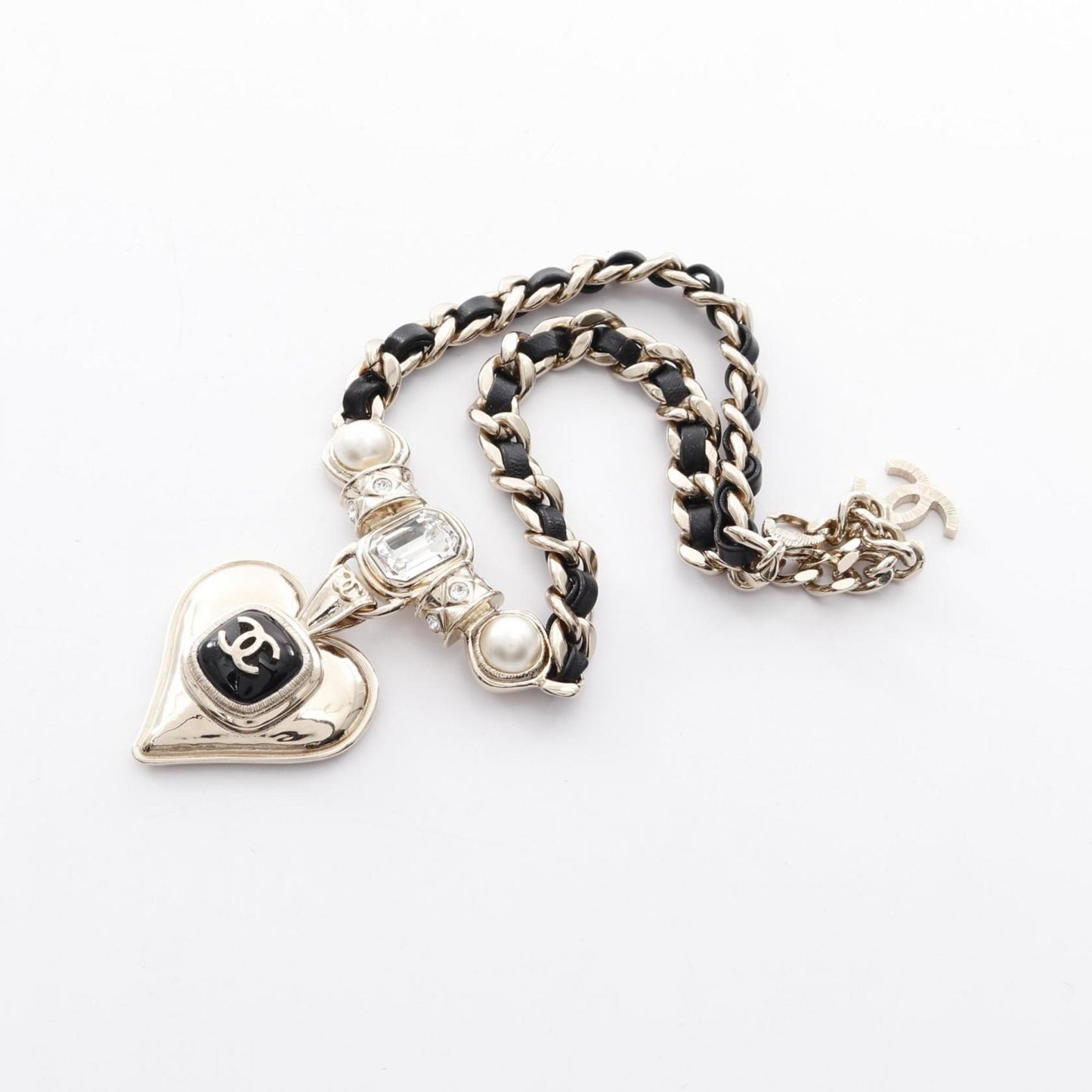 Chanel Coco Mark Heart Necklace, Gold-Plated Leather with Faux Pearl and Rhinestones, Women's, Gold Black
