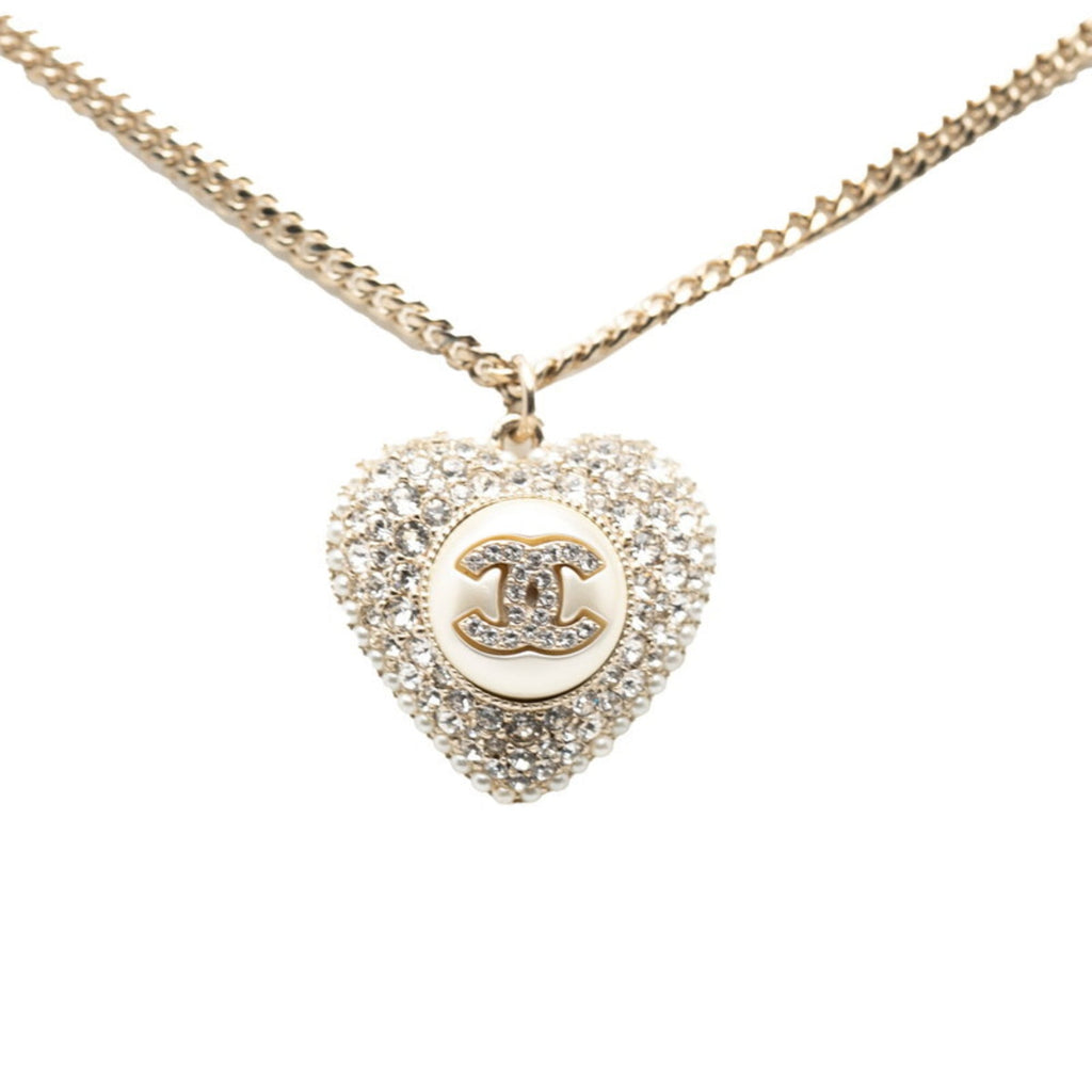 Chanel Coco Mark Heart Rhinestone Necklace, Gold Plated, Faux Pearl, Women's, CHANEL