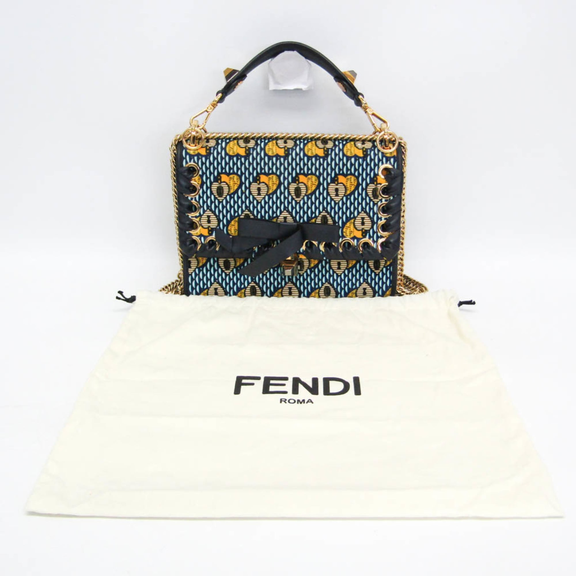 Fendi KAN I 8BT283 Women's Velvet,Leather Handbag,Shoulder Bag Light Blue,Navy,Yellow — Like New