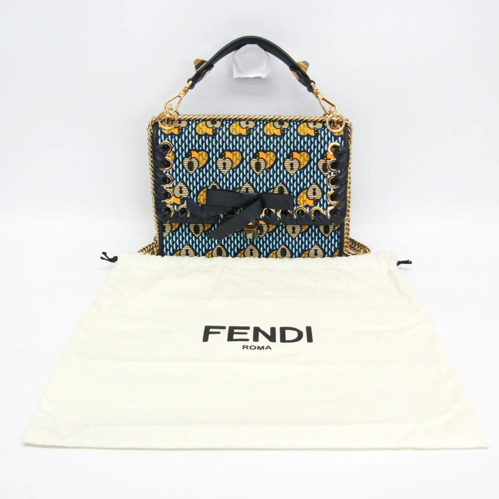 Fendi KAN I 8BT283 Women's Velvet,Leather Handbag,Shoulder Bag Light Blue,Navy,Yellow — Like New