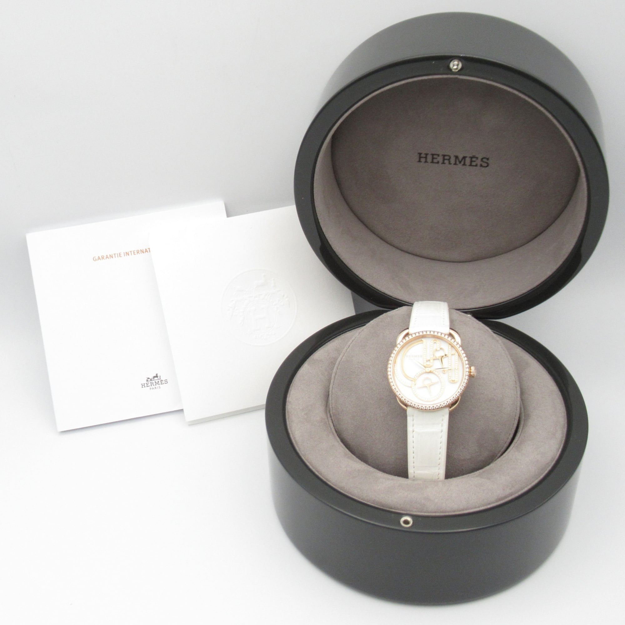 Hermes Arceau Grande Turarara Bride et Maure Watch, 18K Pink Gold (PG), Diamond, Leather Strap, Women's, White (AR12.671) — Very Good