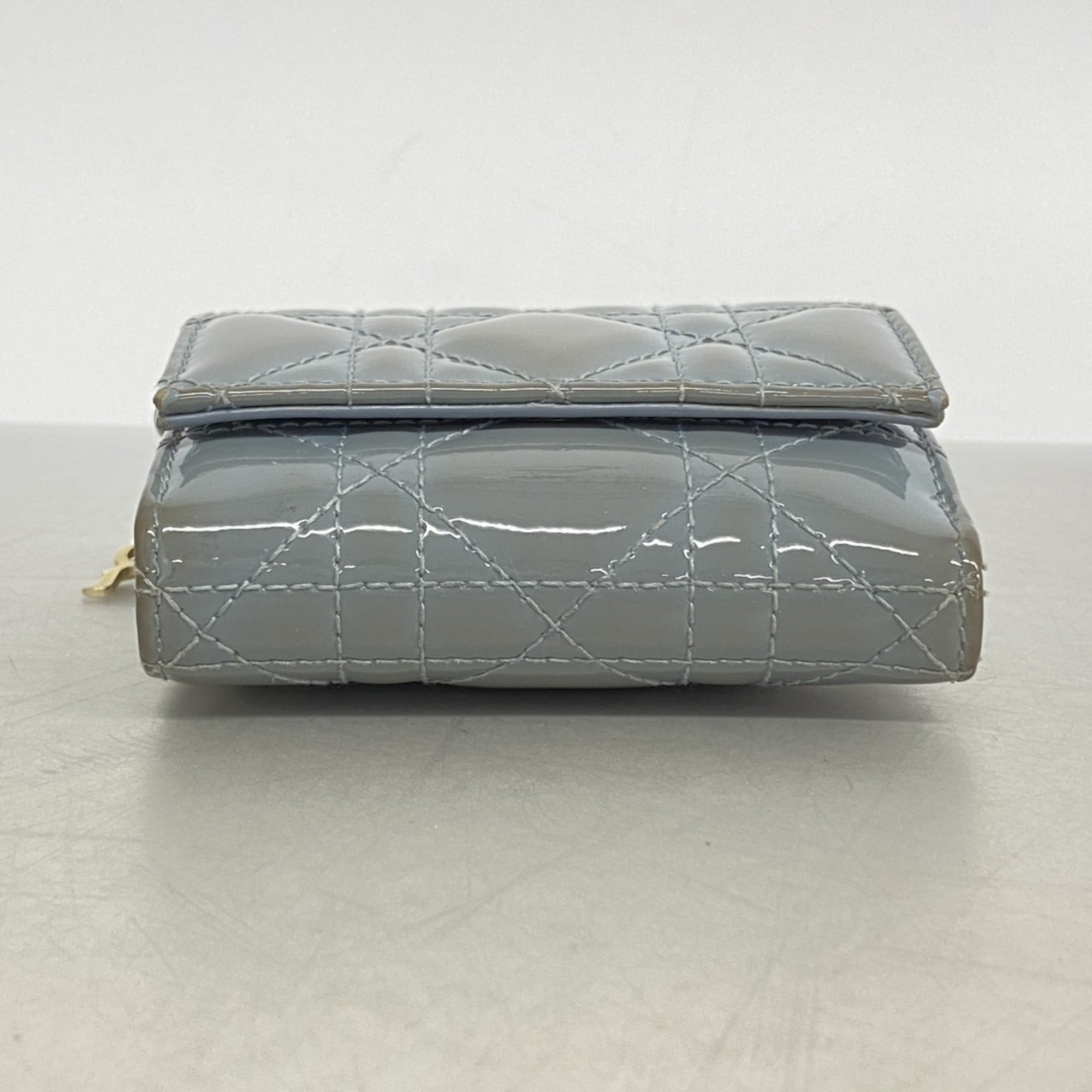 Christian Dior Tri-fold Wallet Cannage Enamel Blue Gray Women's
