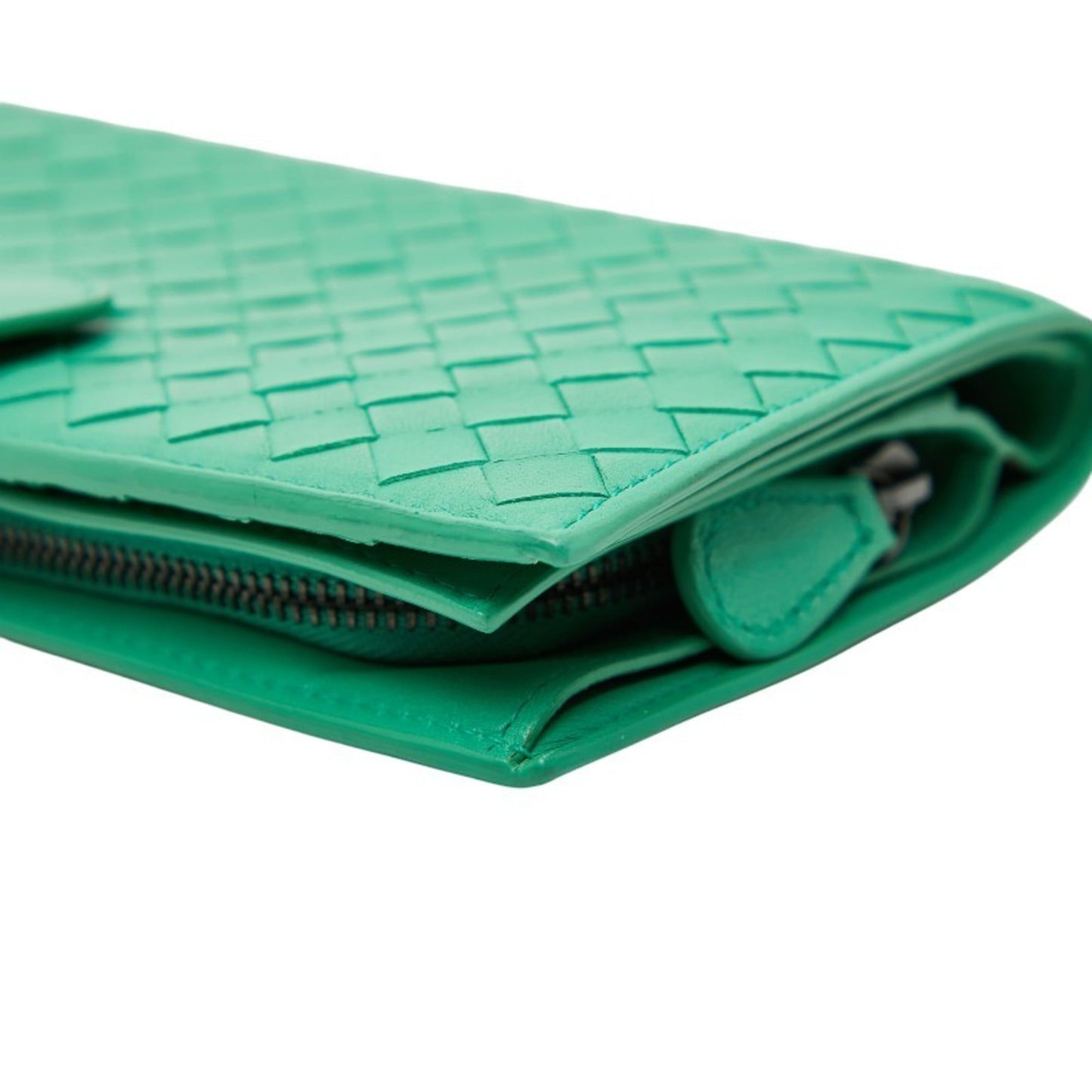 Bottega Veneta Intrecciato Round Zip Long Wallet Green Leather Women's BOTTEGAVENETA