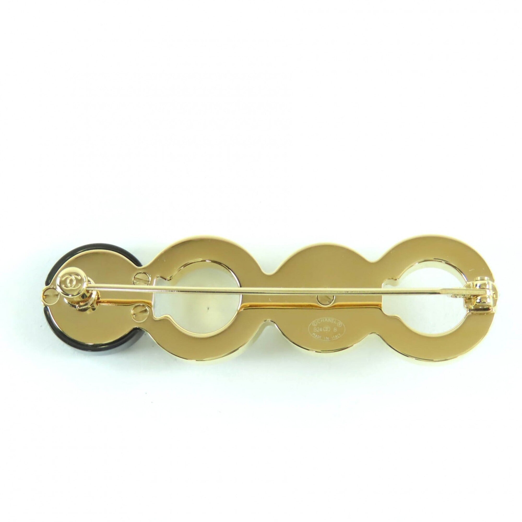 CHANEL B24B Coco Mark Brooch with Faux Pearls, Black and Gold, Box, Made in Italy, Women's — Like New