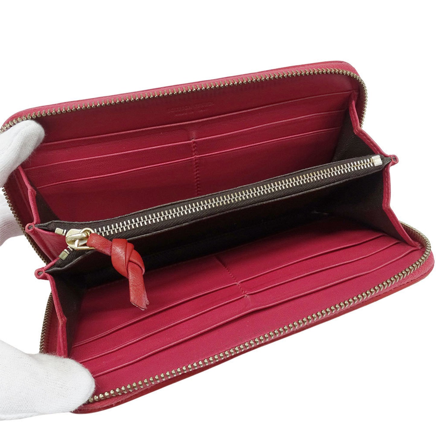 Bottega Veneta Women's Intrecciato Leather Long Wallet in Red with Round Zipper and Braided Trim