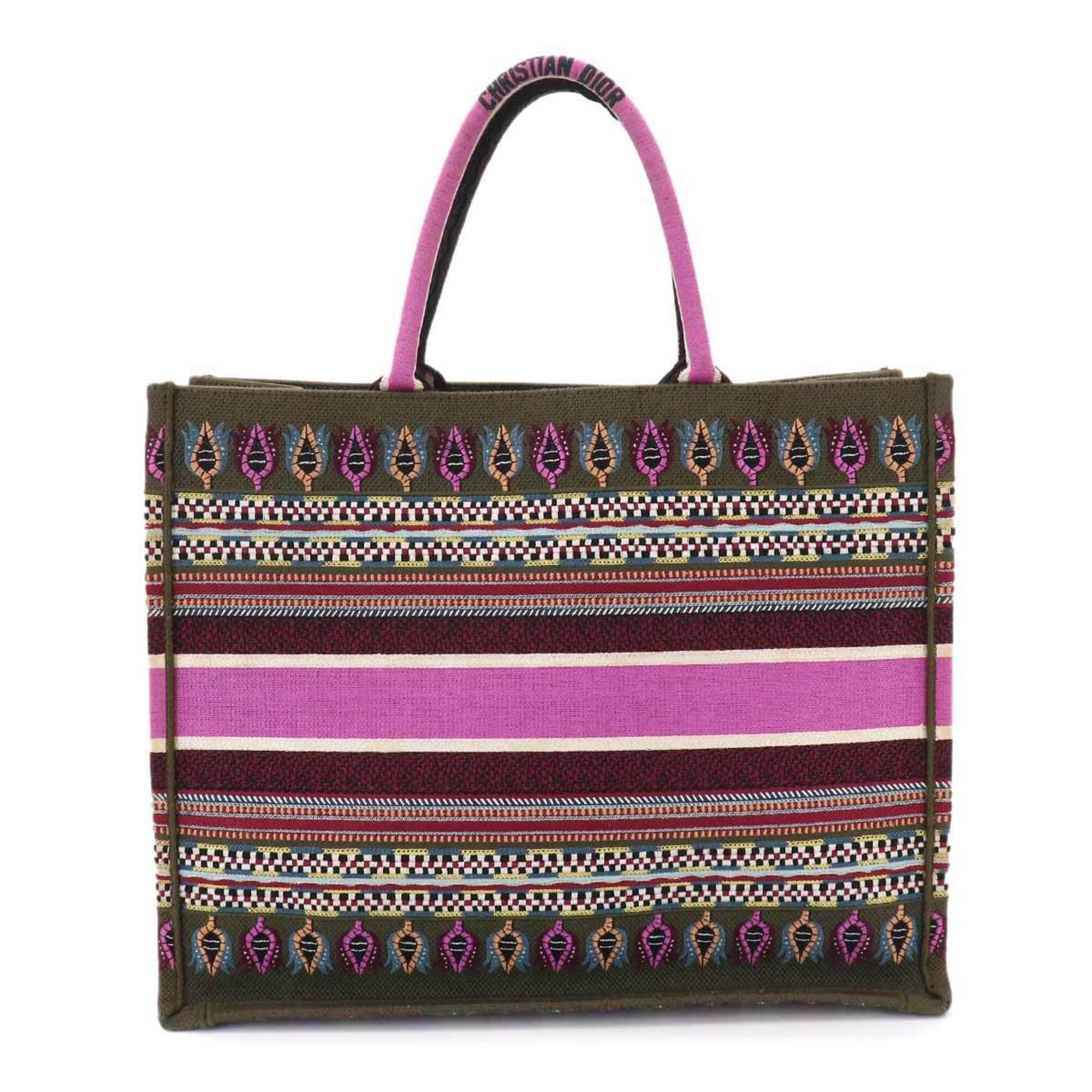 Christian Dior Book Tote Large Handbag, Canvas, Khaki, Multicolor Botanical Print — Like New