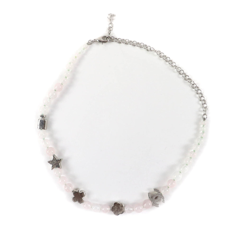 CHANEL B25P Coco Mark Natural Stone Rhinestone Necklace, White and Pink, Silver Hardware, 2025 Model, with Box Dust Bag, Made in Italy, Women's — Like New