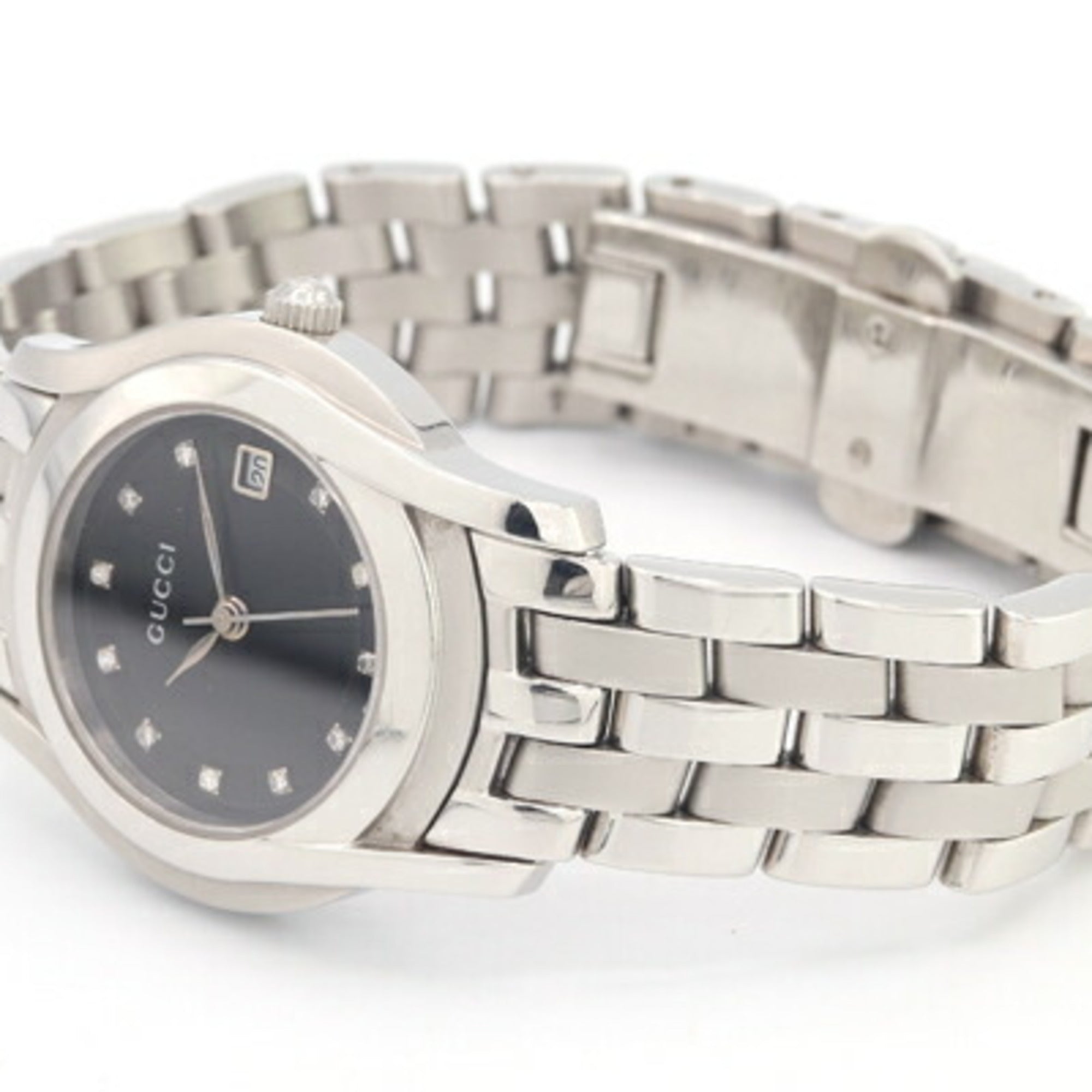 Gucci Women's Watch with 11 Diamonds, 5500L Stainless Steel Quartz Movement, Date Display, Analog, Silver Metal Strap
