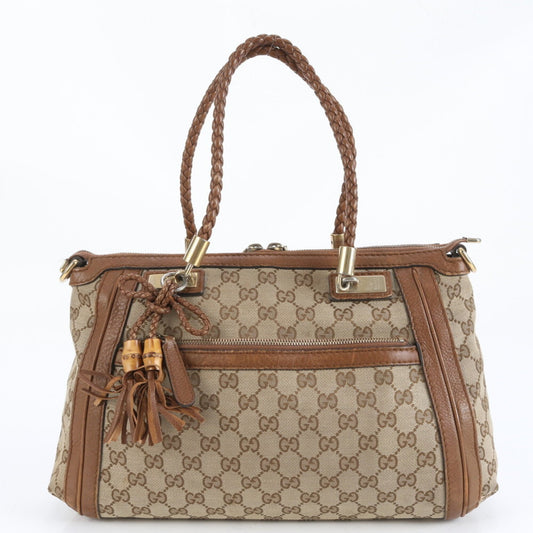 Gucci GG Canvas Bella Bamboo Ribbon Tassel Leather Tote Bag (282300) Women's
