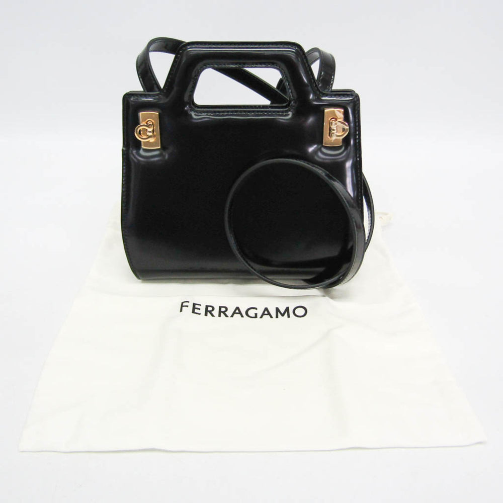 Salvatore Ferragamo Gancini Wanda AU-21 3485 Women's Leather Handbag,Shoulder Bag Black — Like New