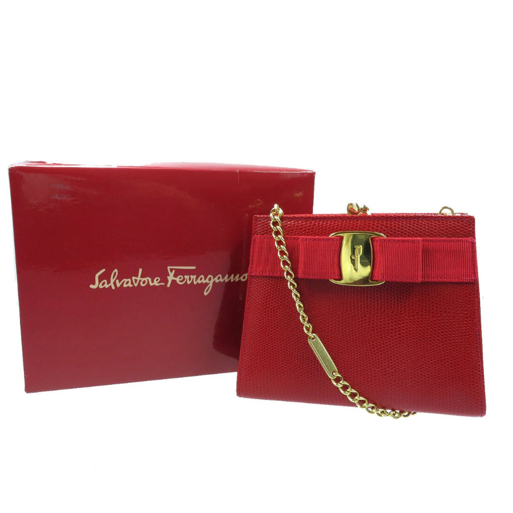 Excellent condition Salvatore Ferragamo Vara Ribbon embossed lizard red shoulder bag 223354 with gold chain. Item number 0018. Ferragamo.