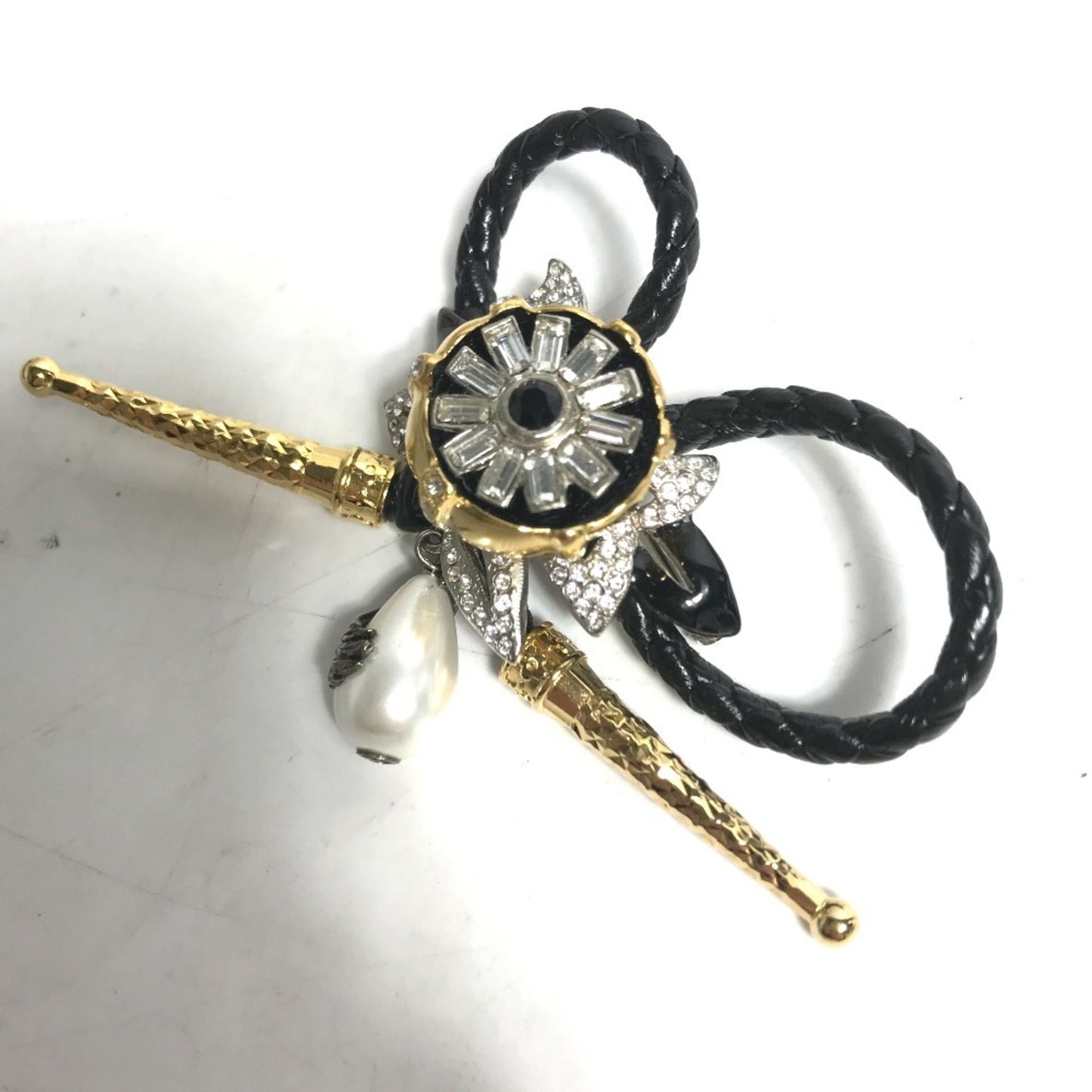 LOUIS VUITTON MP2197 Accessory, Faux Pearl, Fleur Bijou, and Rhinestone Brooch, Leather/Metal, Black, Women's