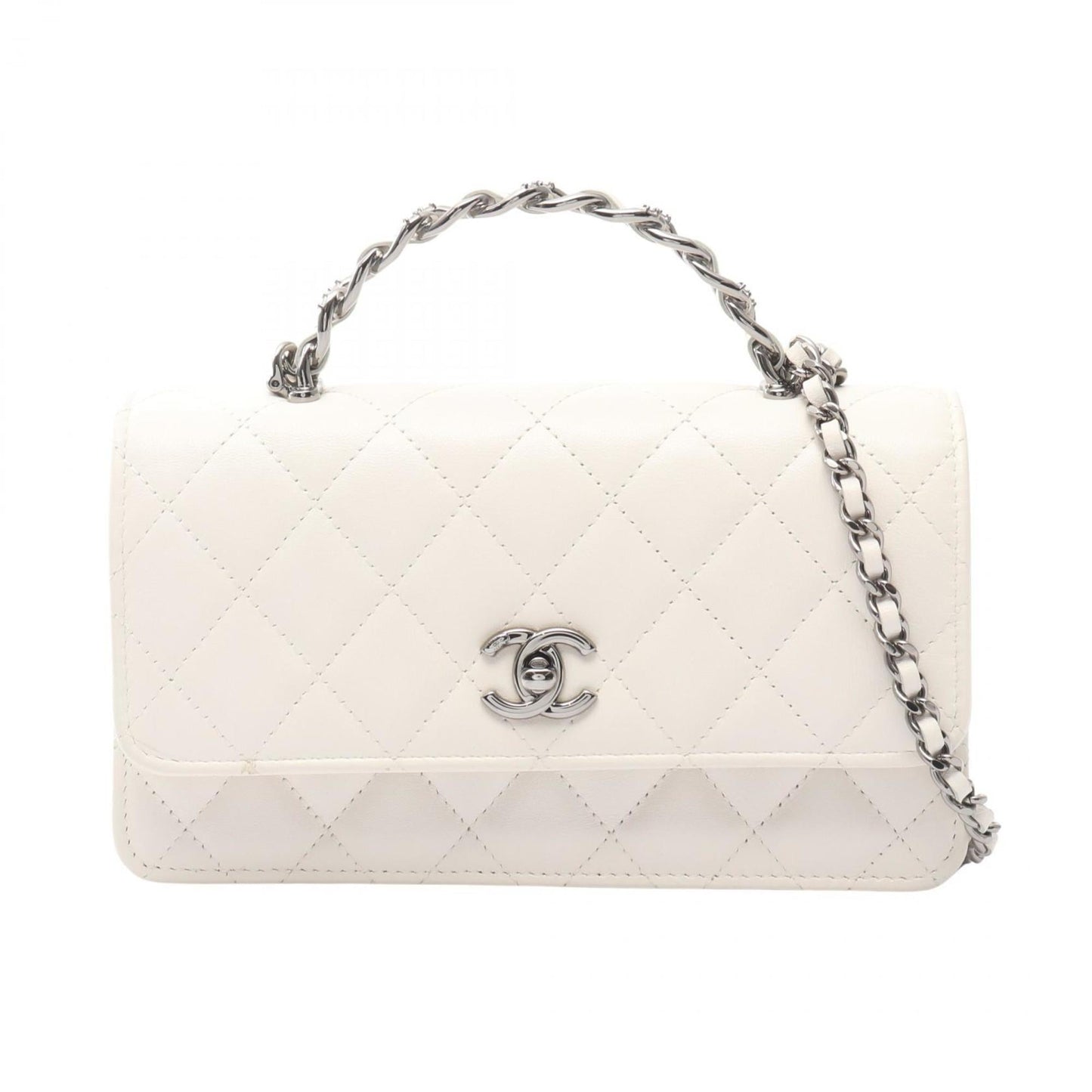 CHANEL Matelasse Top Handle Phone Case Shoulder Bag in Lambskin Leather (White)