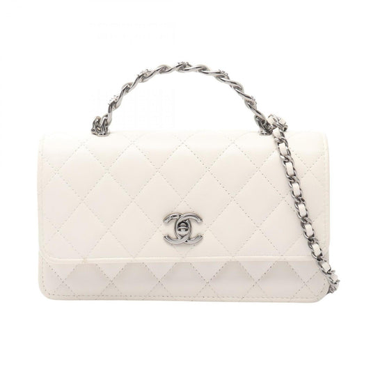 CHANEL Matelasse Top Handle Phone Case Shoulder Bag in Lambskin Leather (White)
