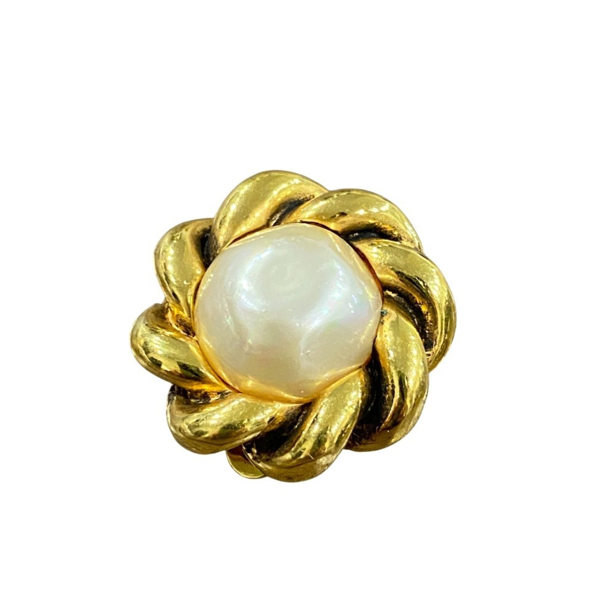CHANEL Vintage Rope Twist Design Faux Pearl Earrings, Gold and White, Women's — Like New