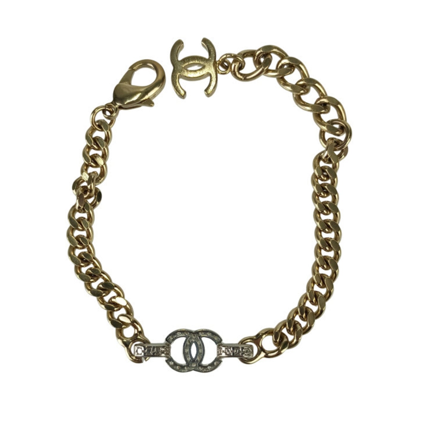 CHANEL Coco Mark Wristwear Chain Bracelet in Gold and Silver Metal with Rhinestones, Women's, B22, Size S