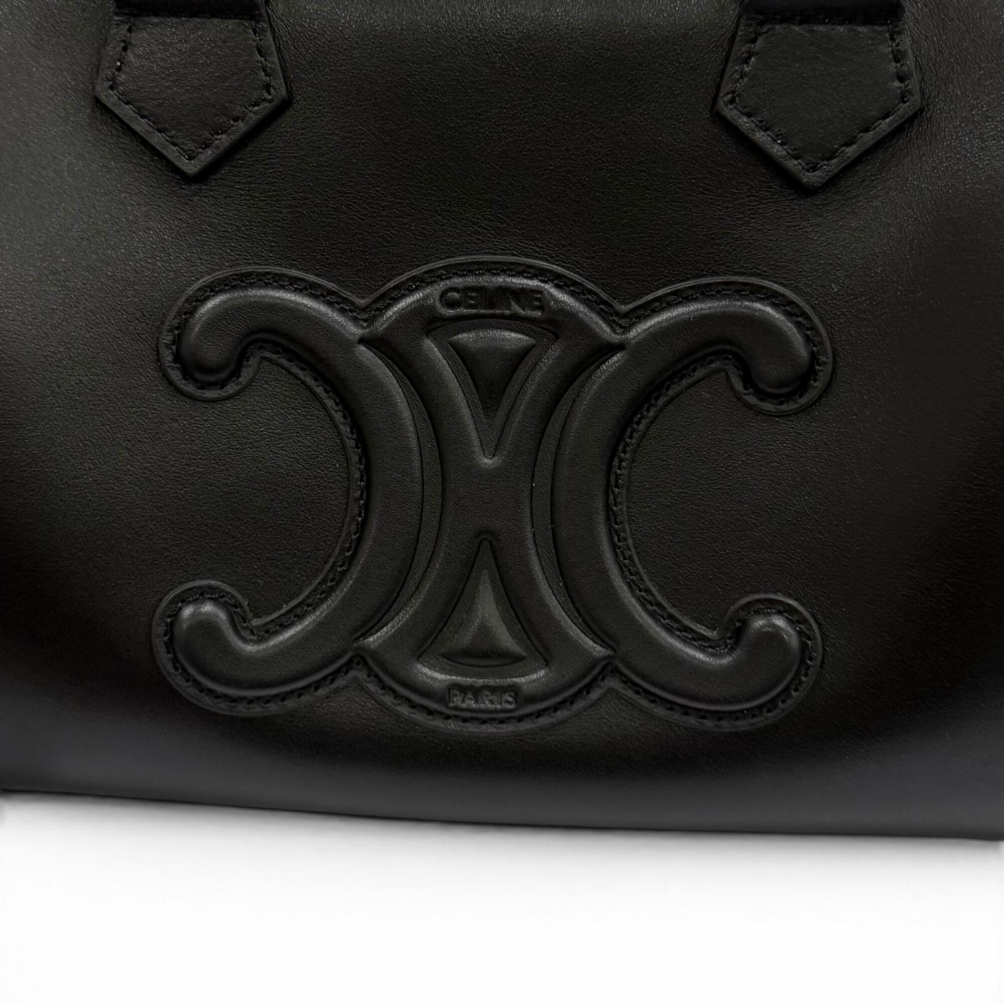 CELINE 11377 Smooth Calfskin Cuir Triomphe Small Boston 2-Way Bag Shoulder Black Made in Italy Women's with Dust — Like New