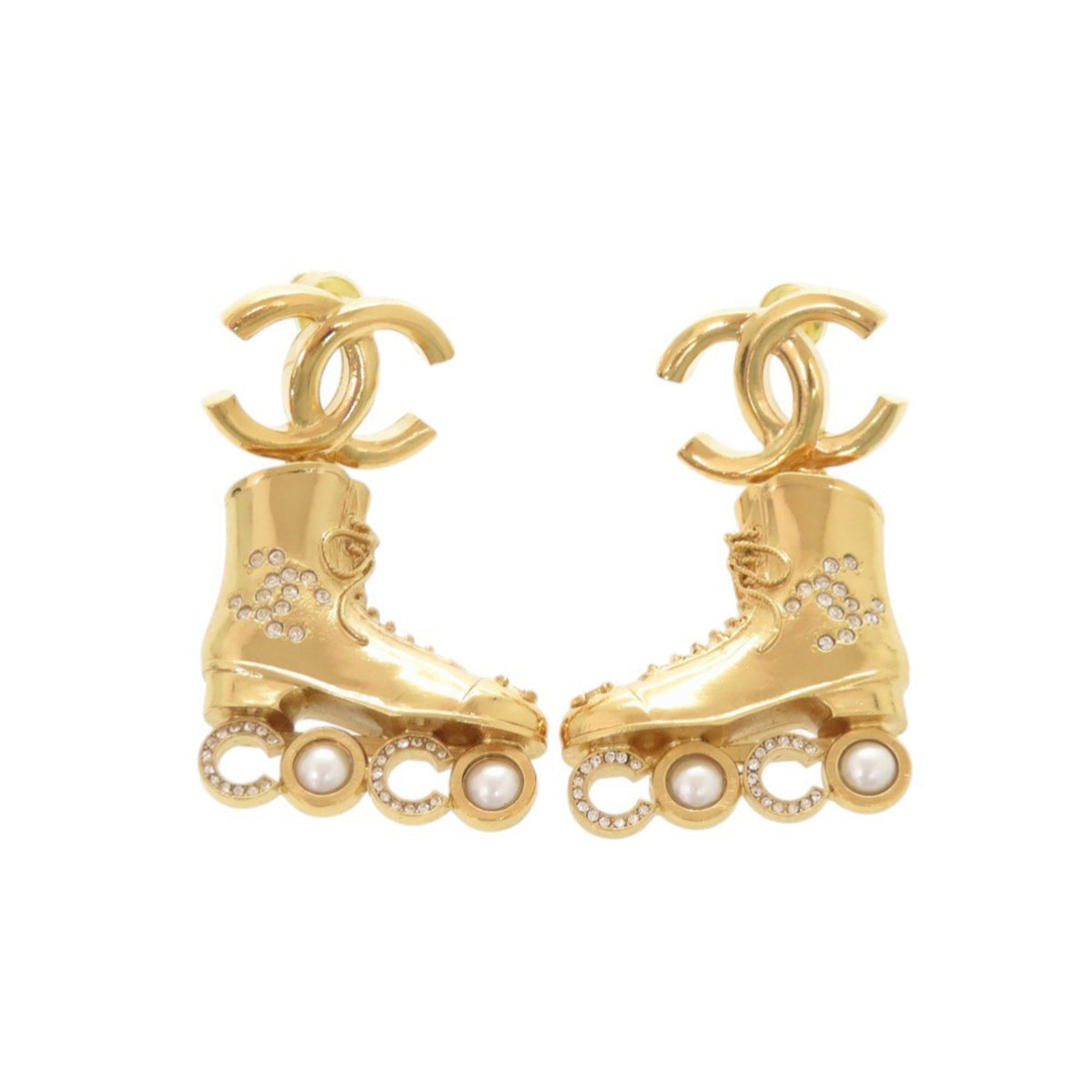 Unused Chanel Coco Mark Roller Skates Metal Rhinestone Faux Pearl Gold Earrings 1465CHANEL — Like New