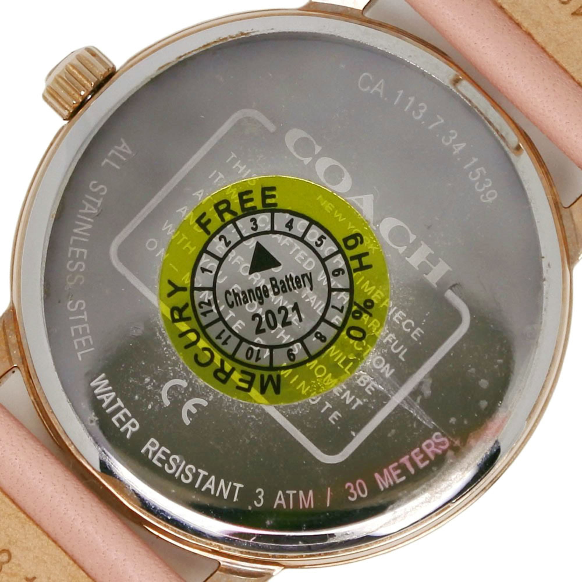 Coach watch CA.113.7.34.1539, stainless steel and leather strap, quartz, analog, white dial, women's — Very Good