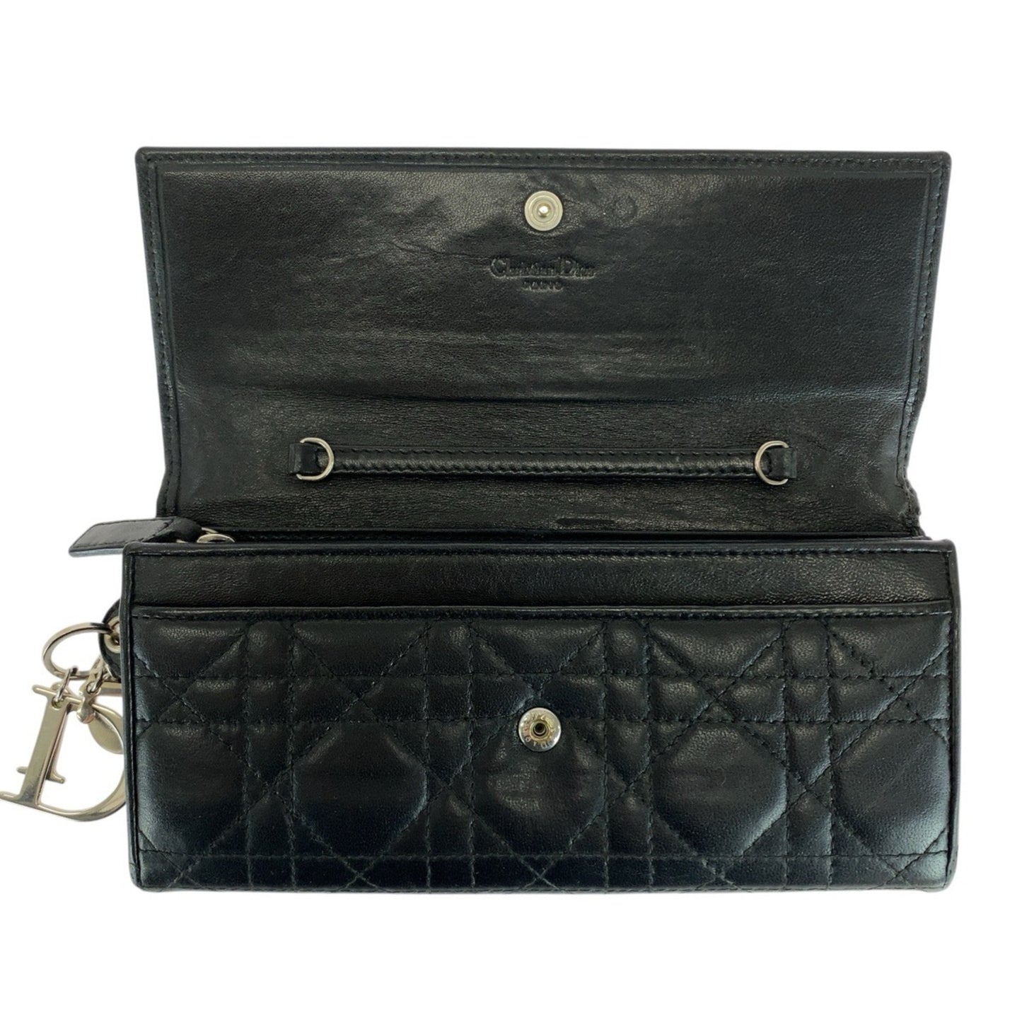 Christian Dior Cannage Black Leather Long Wallet with Silver Hardware, MC0028, Women's