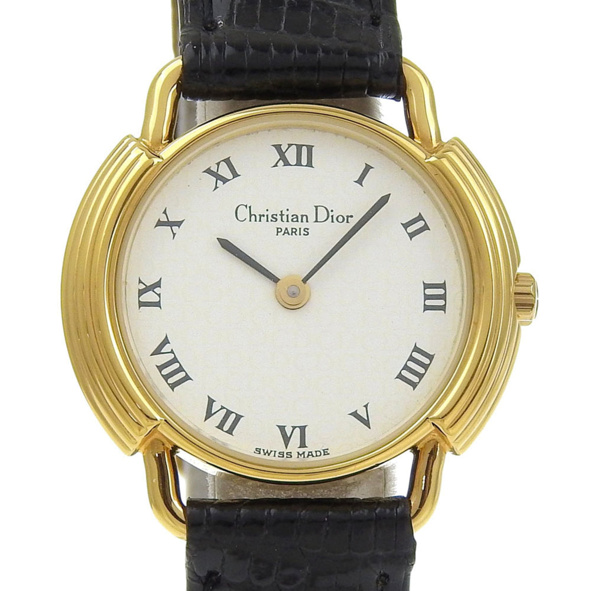 Christian Dior watch, model 58.121.2, gold-plated leather strap, gold quartz, analog, white dial, women's — Very Good