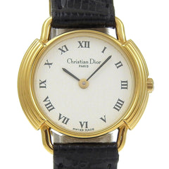 Christian Dior watch, model 58.121.2, gold-plated leather strap, gold quartz, analog, white dial, women's — Very Good