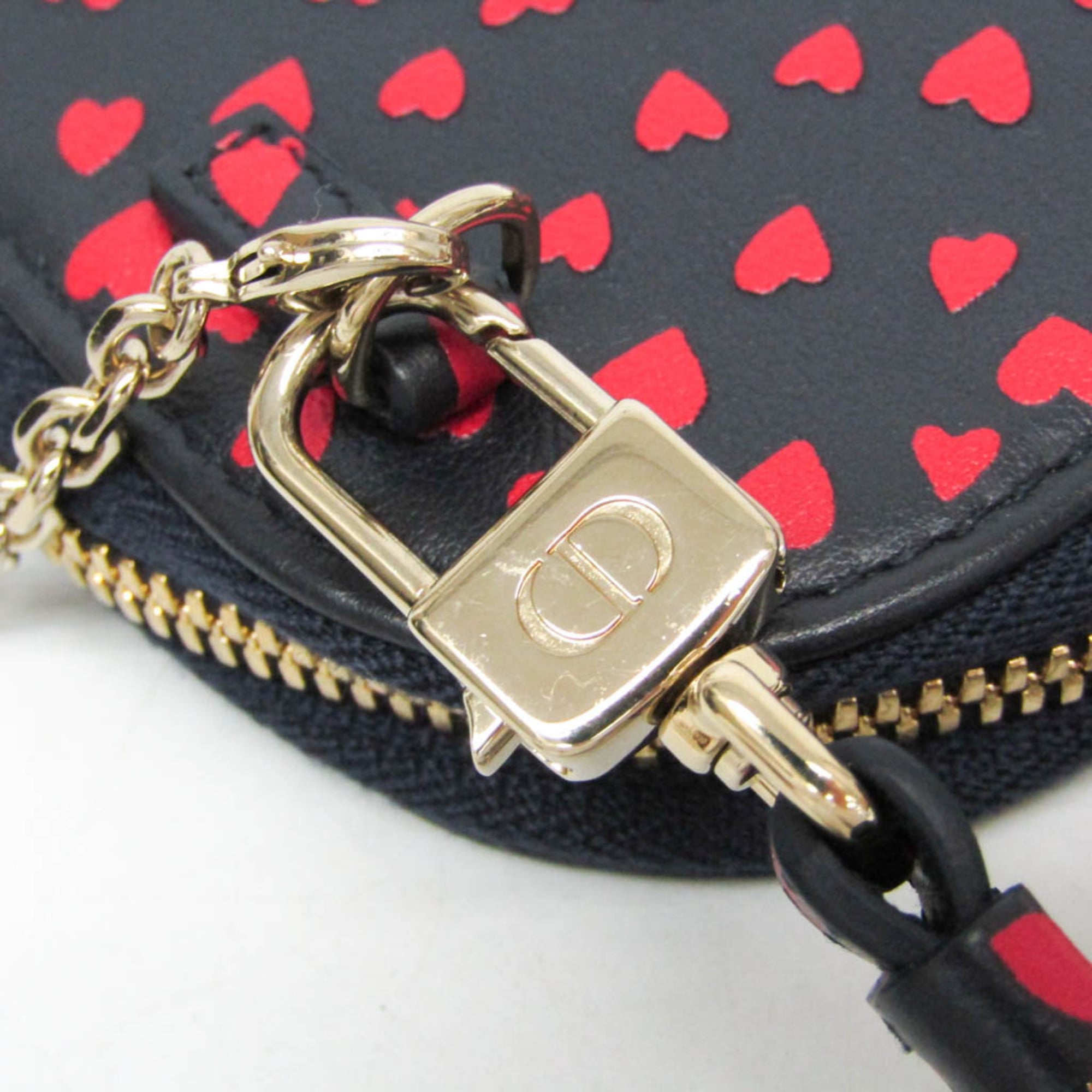 Christian Dior Lady Dior Phone Holder Women's Leather Pouch,Shoulder Bag Dark Navy,Red Color — Like New