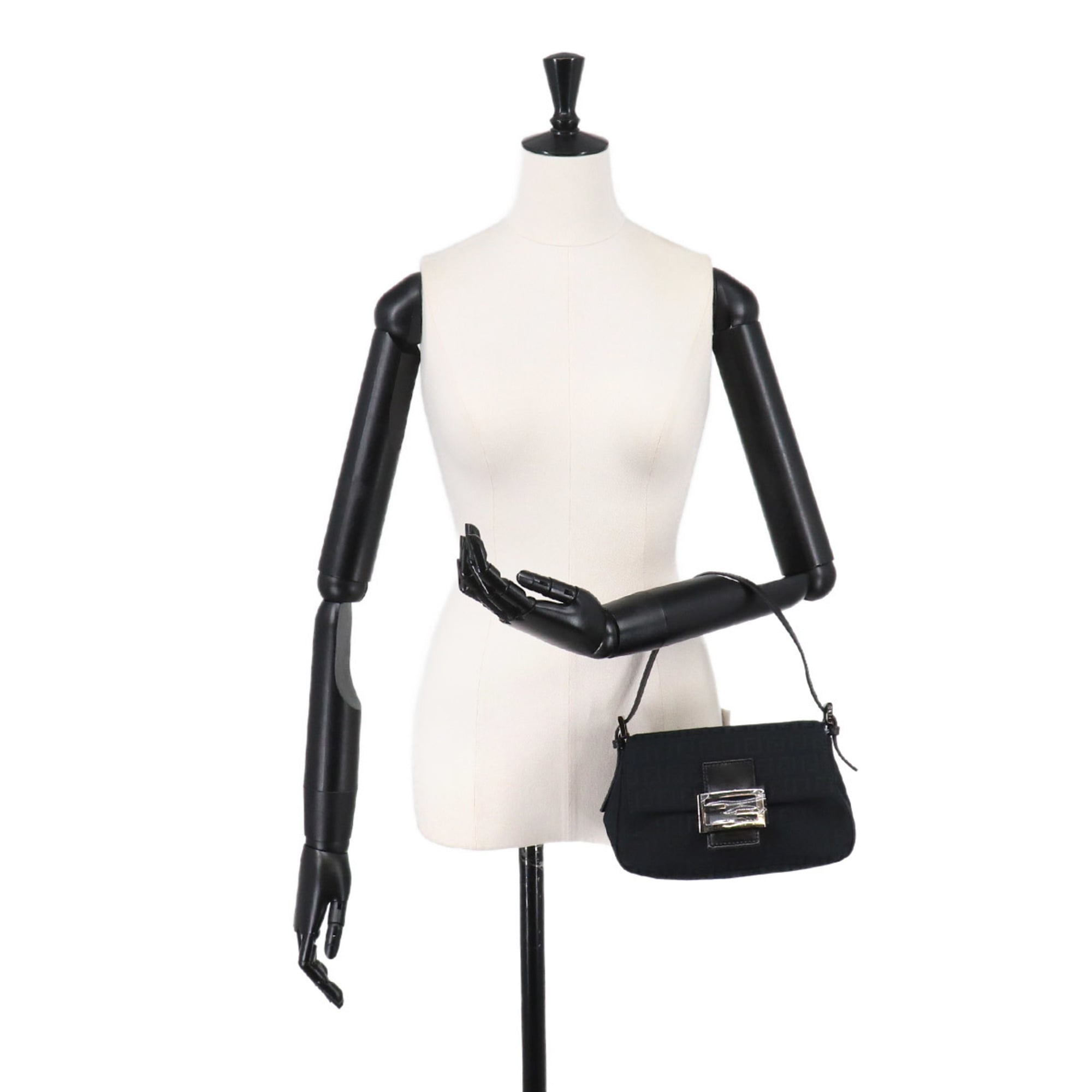 Fendi Zucchino Mini Mamma Baguette Shoulder Handbag, Canvas and Leather, Black, 8BR180, Gunmetal Hardware — New - Store Return