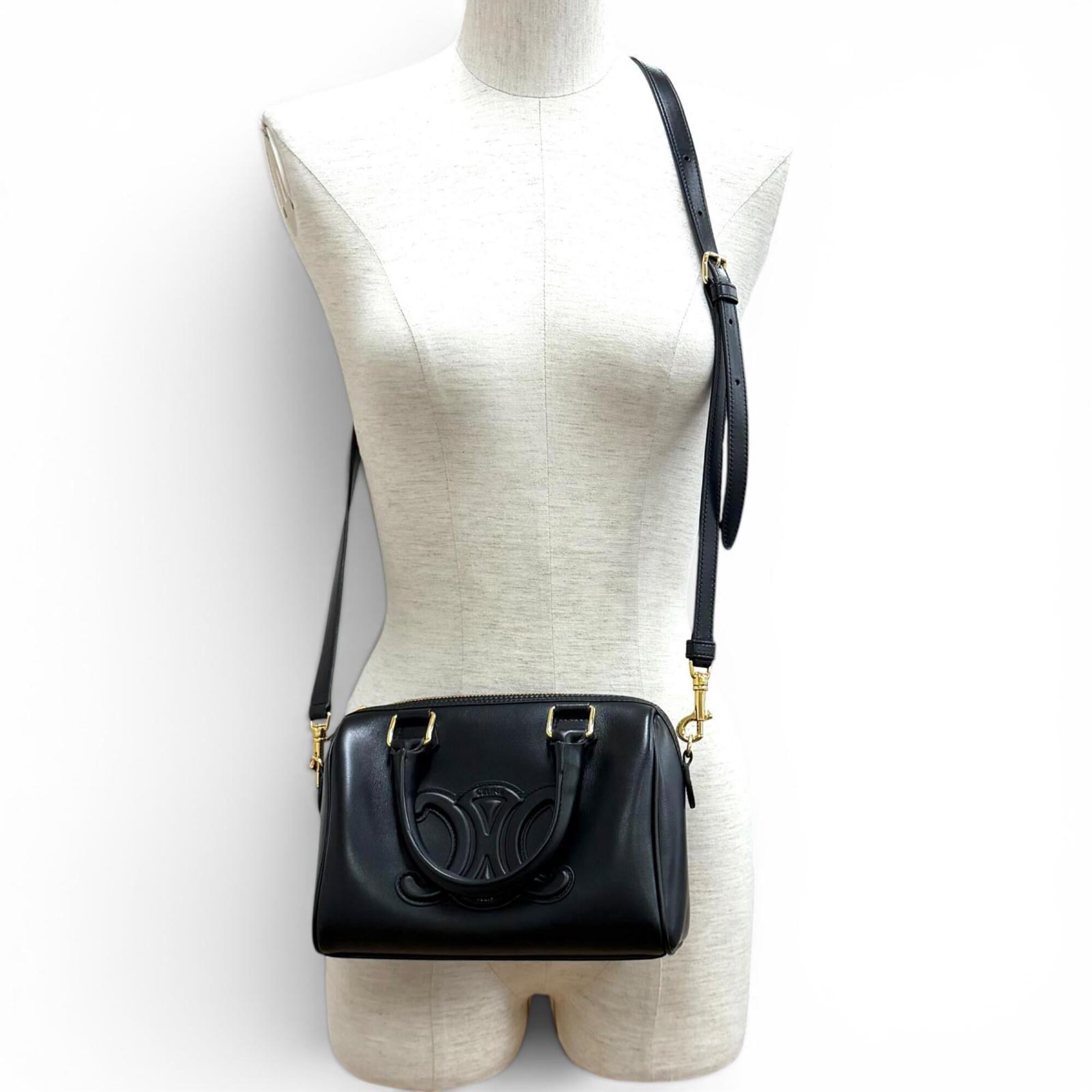CELINE 11377 Smooth Calfskin Cuir Triomphe Small Boston 2-Way Bag Shoulder Black Made in Italy Women's with Dust — Like New