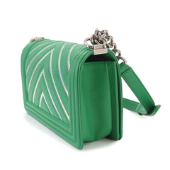 Chanel Boy Chain Shoulder Handbag, Lambskin, Green, A67086, Silver Hardware — Like New