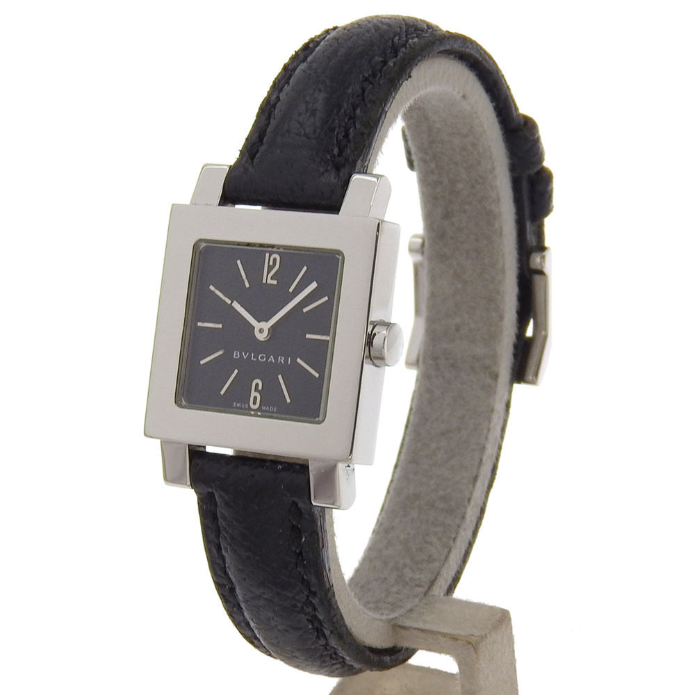 Bvlgari Quadrato SQ22SL Women's Watch, Stainless Steel with Embossed Leather, Quartz Movement, Analog Display, Black Dial — Good