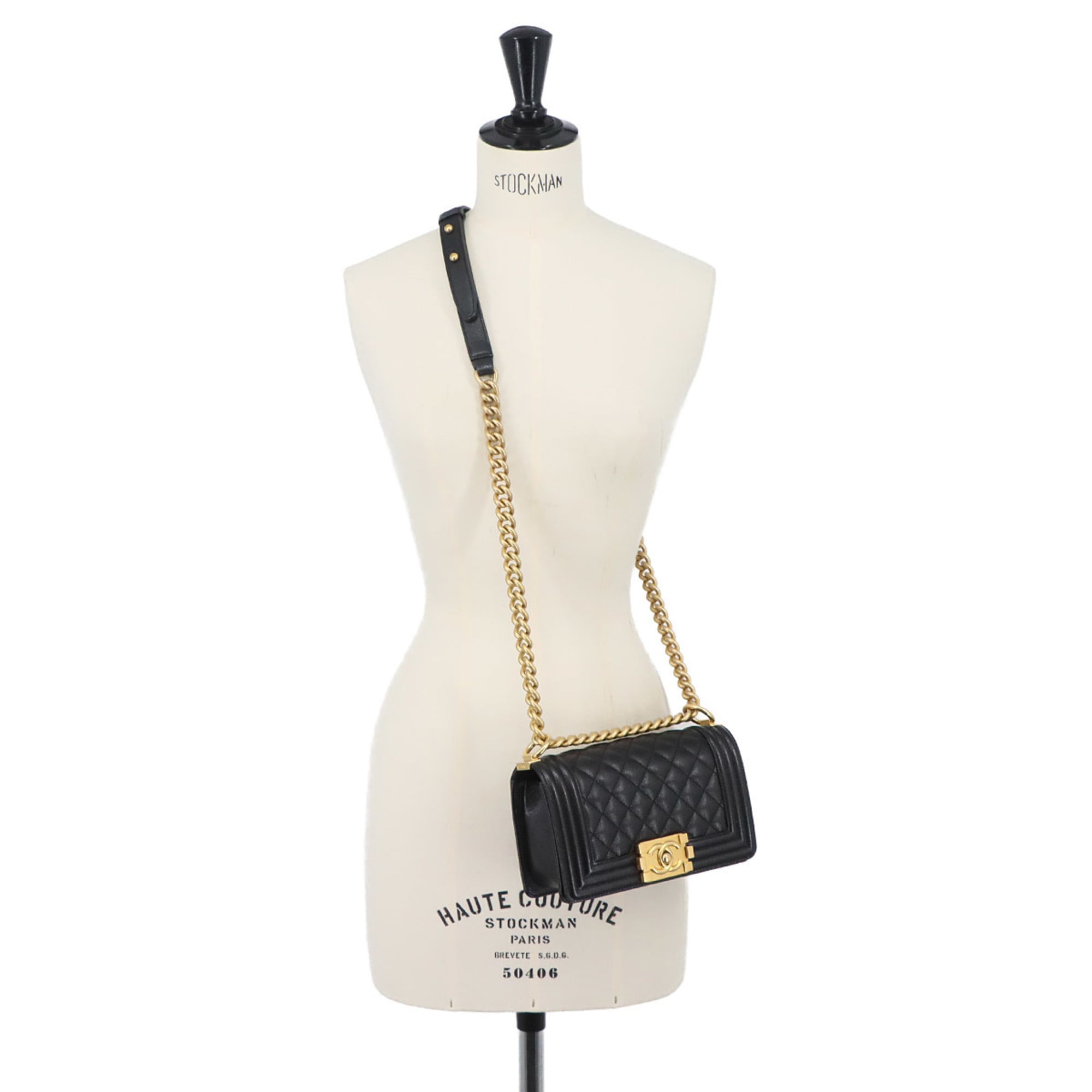 Chanel Boy Small Chain Shoulder Handbag, Caviar Leather, Black, A67085, Gold Hardware — Like New