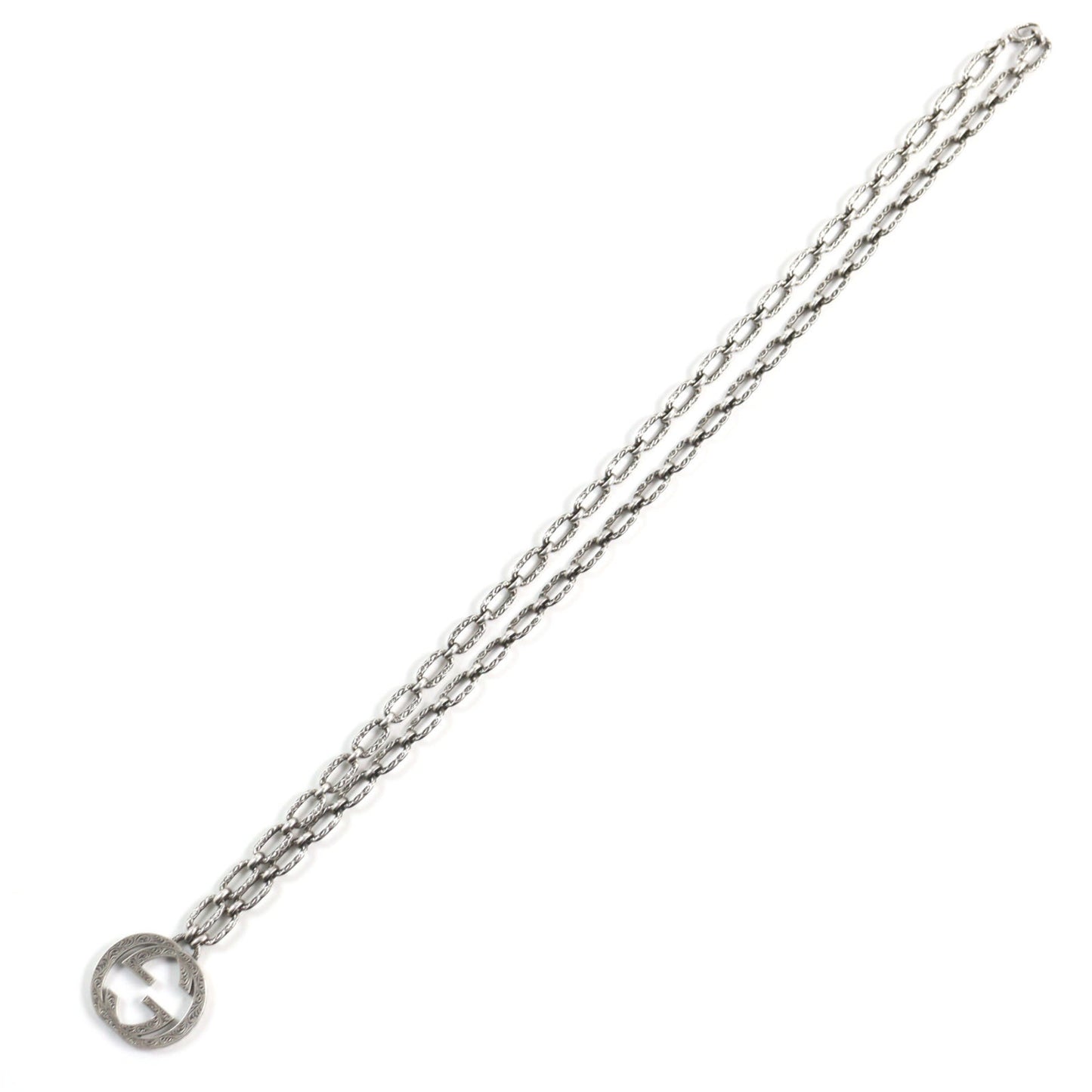 GUCCI 524890 Arabesque Interlocking G Textured Long Chain Necklace, AG925 Silver, with Box and Dust Bag, Made in Italy, Men's