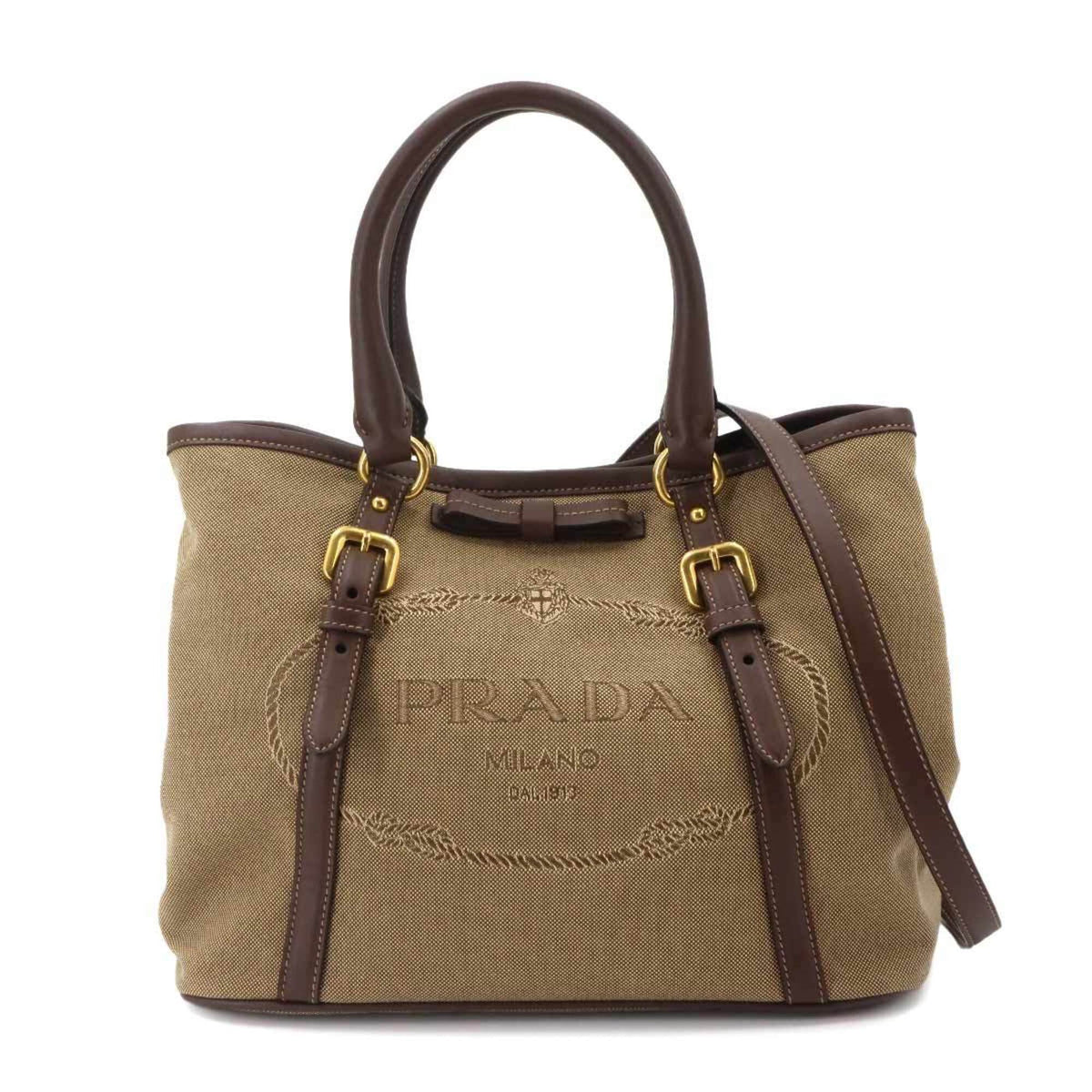 Prada Jacquard Ribbon 2-way Hand/Shoulder Handbag, Canvas and Leather, Beige/Brown Logo Bag — Like New