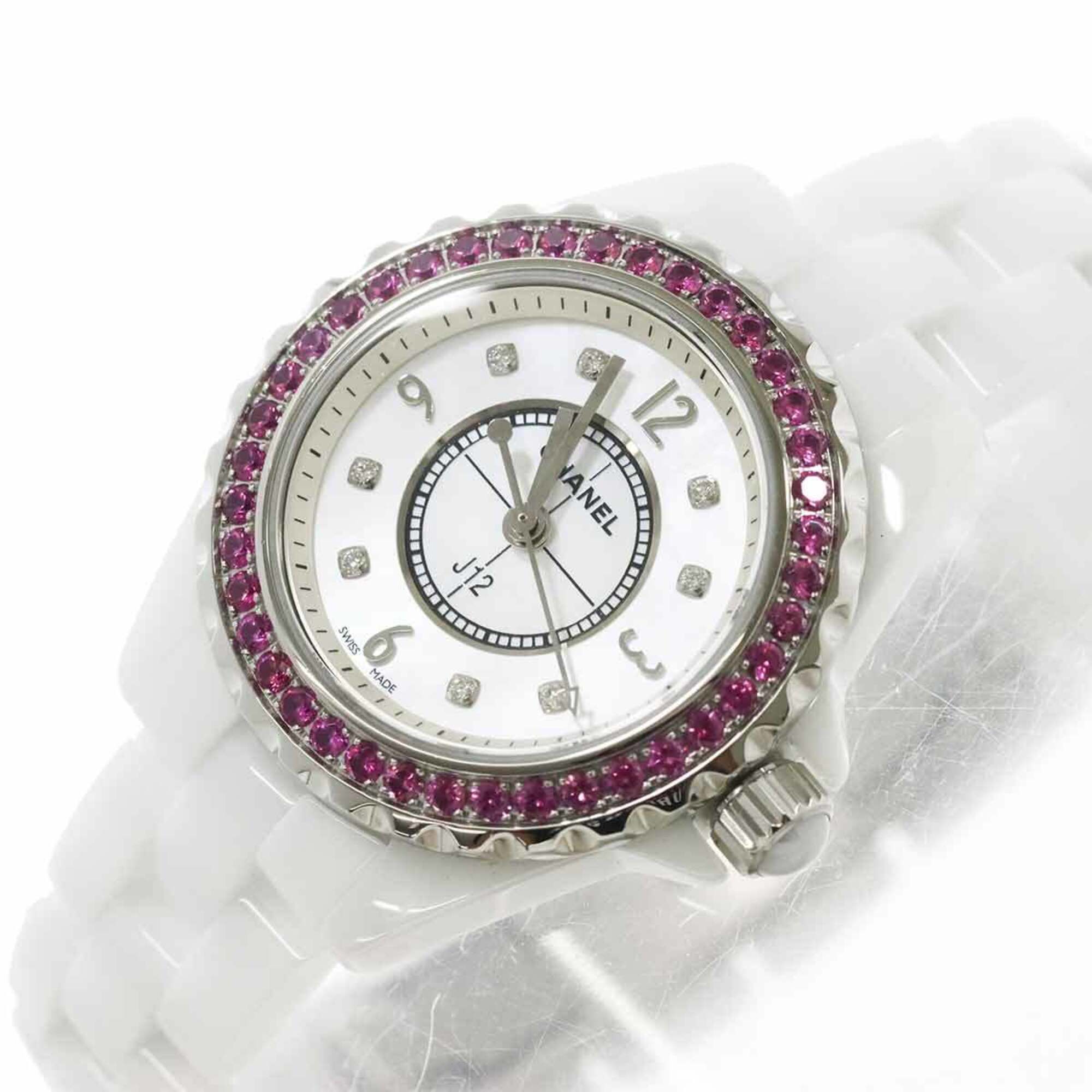 Chanel J12 29mm H3243 Women's Watch, Pink Sapphire Bezel, 8 Diamonds, White Shell Ceramic Quartz Watch — Like New