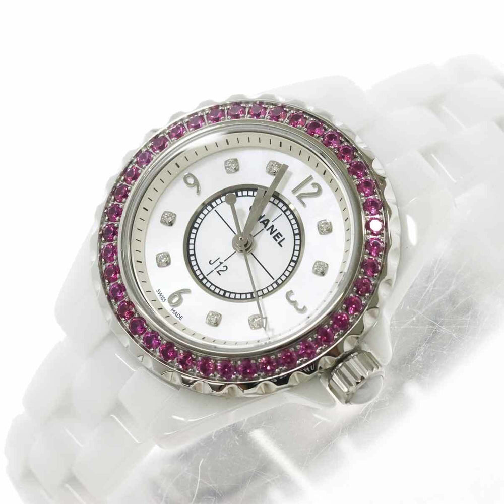 Chanel J12 29mm H3243 Women's Watch, Pink Sapphire Bezel, 8 Diamonds, White Shell Ceramic Quartz Watch — Like New