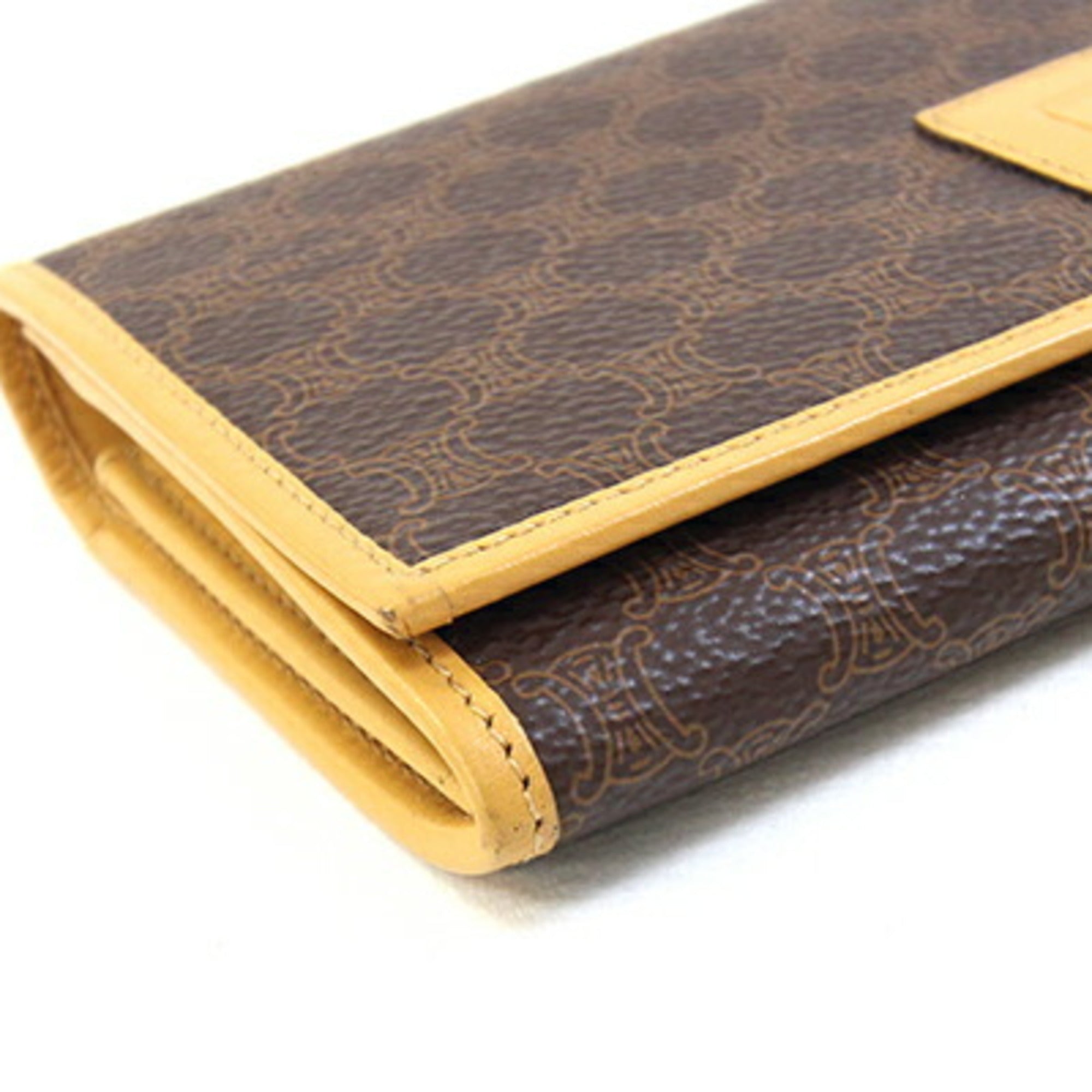 Celine bifold long wallet in macadam, dark brown, beige, PVC, and leather. Women's.