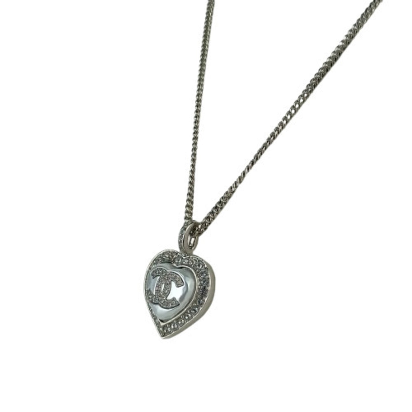 CHANEL Coco Mark Heart Necklace ABB617, Silver Metal with Rhinestones and Faux Pearls, Women's