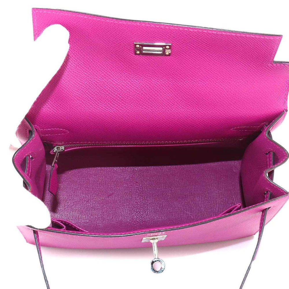 Hermes Kelly 25 Epsom Rose Purple 2-way Handbag Shoulder Bag with external stitching, C stamp, silver hardware — Like New