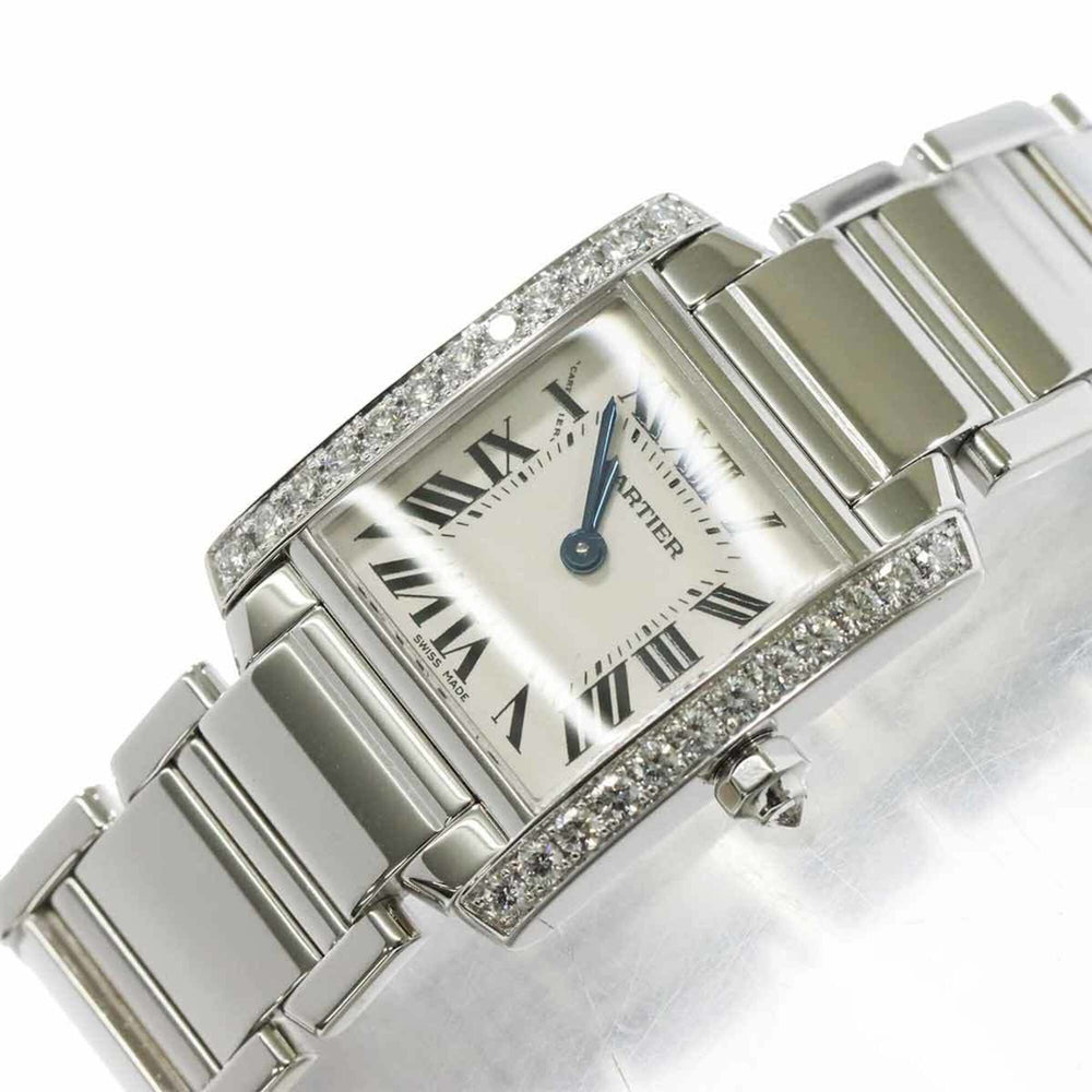 Cartier Tank Francaise SM WE1002S3 Ladies' Watch, Diamond Bezel, Ivory, 18K White Gold, Quartz — Like New