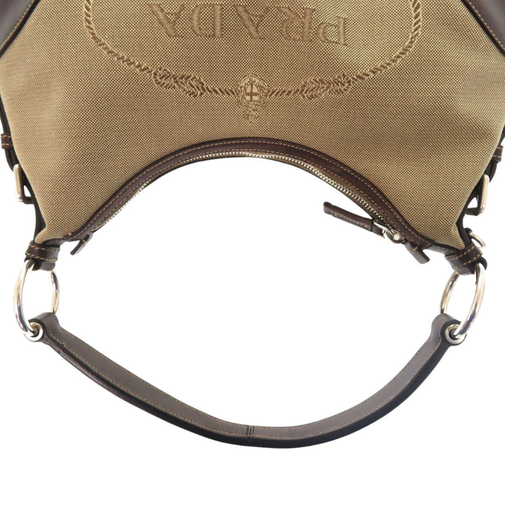 Excellent condition Prada logo jacquard canvas bag BR3429 with silver hardware, semi-shoulder or one-shoulder style, brown leather, 0505