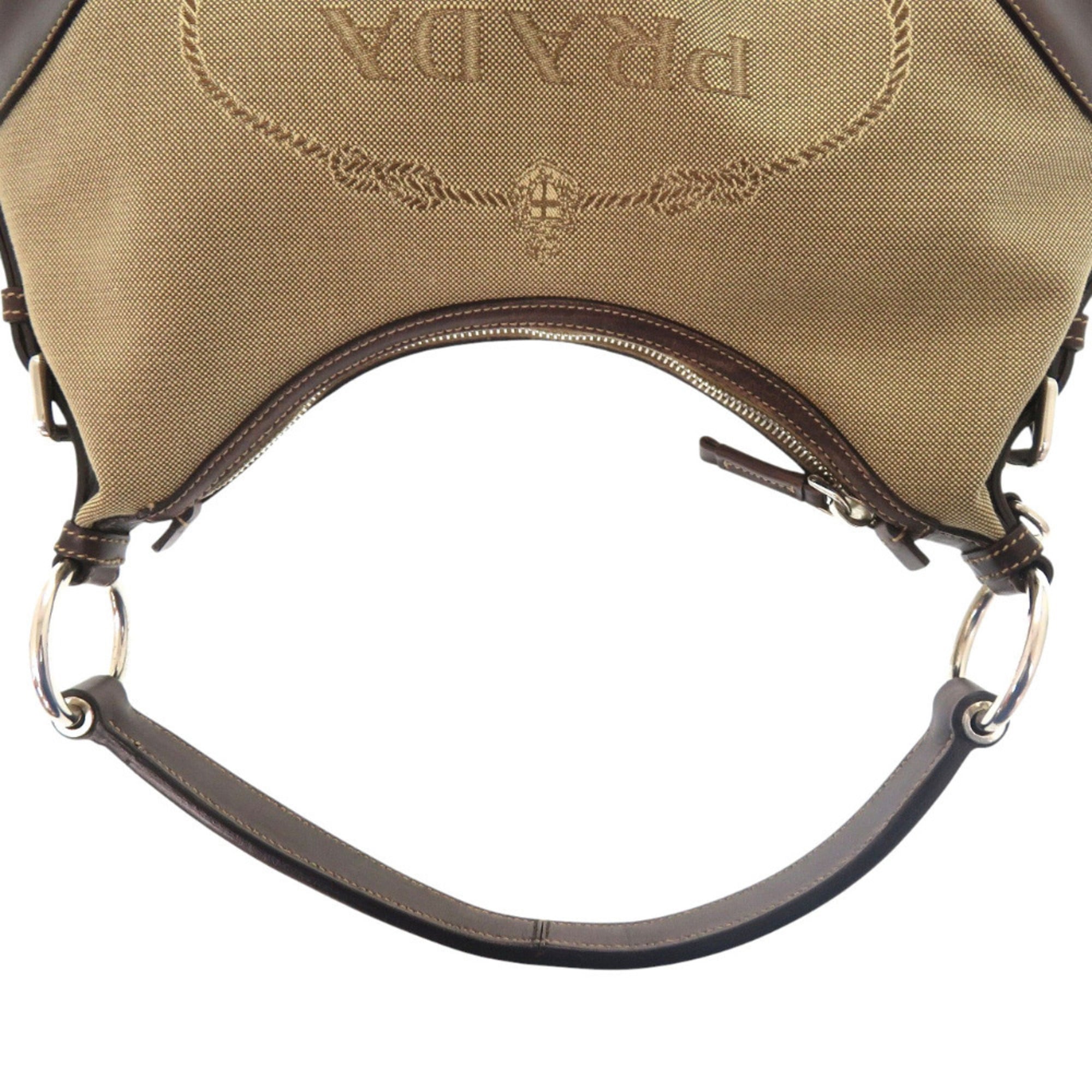 Excellent condition Prada logo jacquard canvas bag BR3429 with silver hardware, semi-shoulder or one-shoulder style, brown leather, 0505